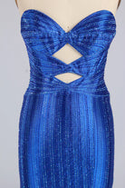 Royal blue strapless corset gown with sweetheart neckline and crisscross cutout detail