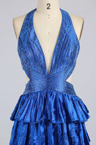 Royal blue sequined halter neckline and tiered ruffle bodice