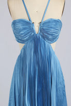 Blue plus-size maxi dress close-up: ruched sweetheart cups and center keyhole