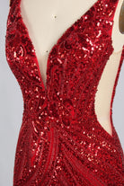 Red sequin bodice with deep V neckline and sparkling beaded details