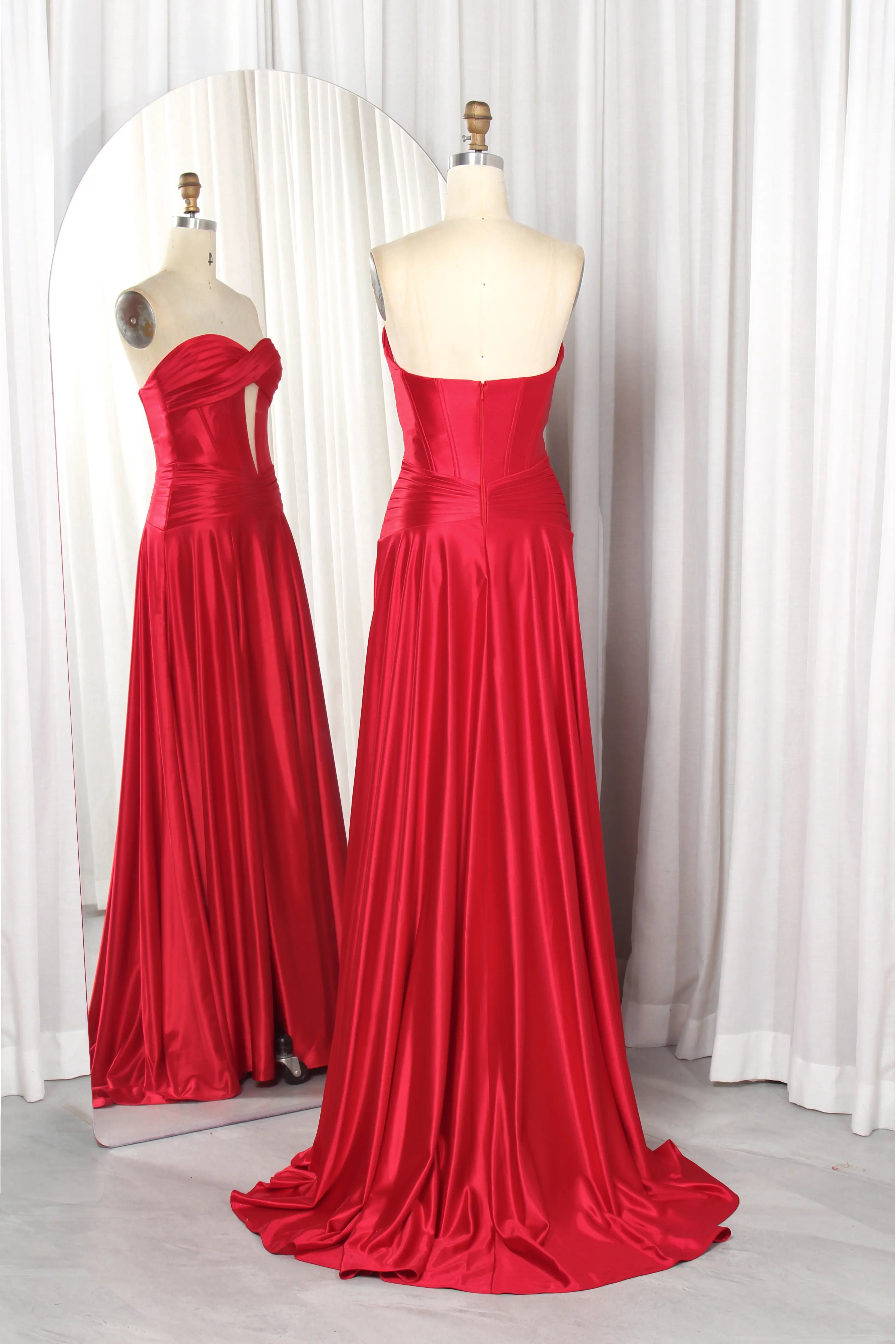 Satin strapless corset gown with crisscross bodice, red, sweetheart neckline, floor length