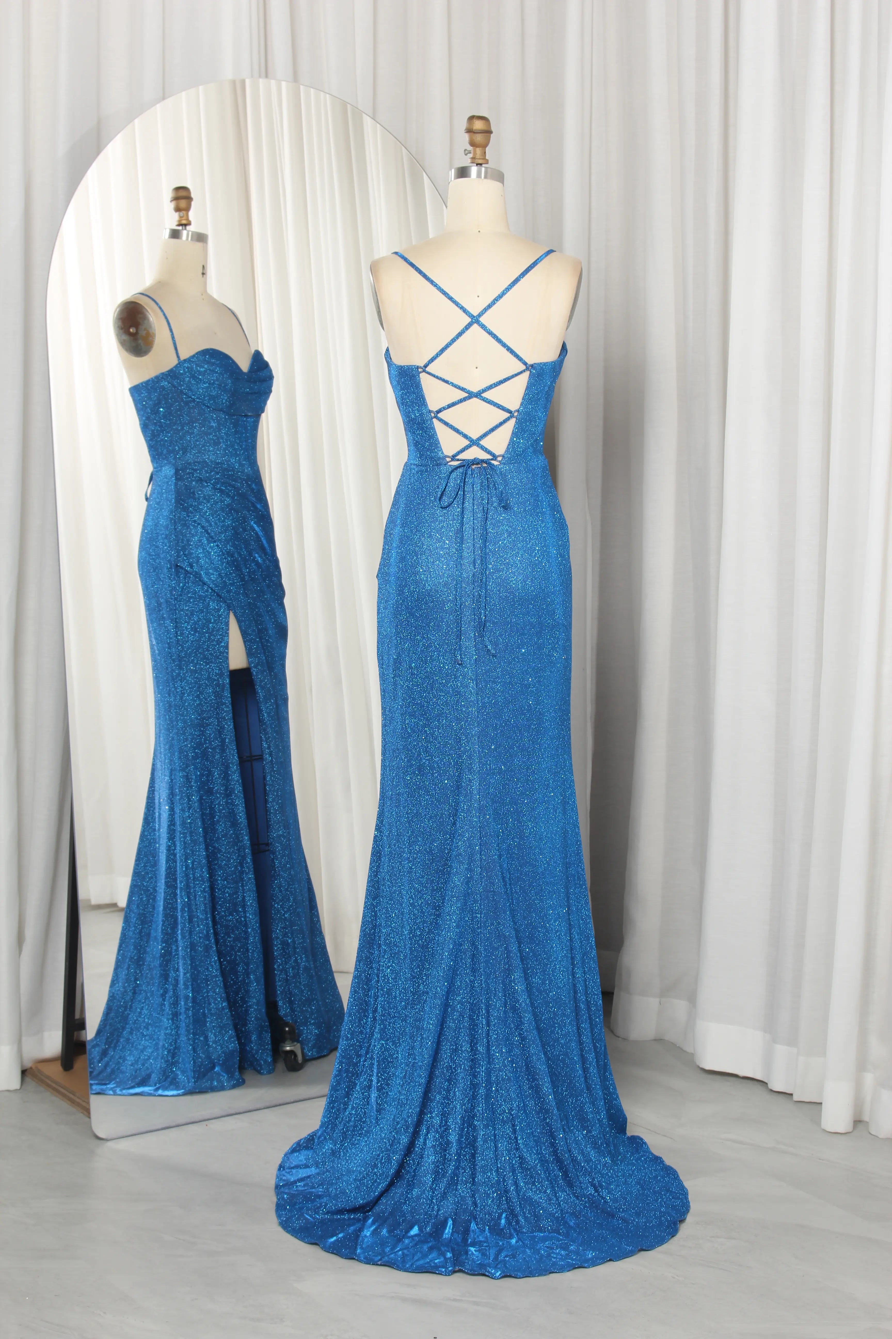 Blue glitter satin corset gown with sweetheart neckline and lace-up crisscross back