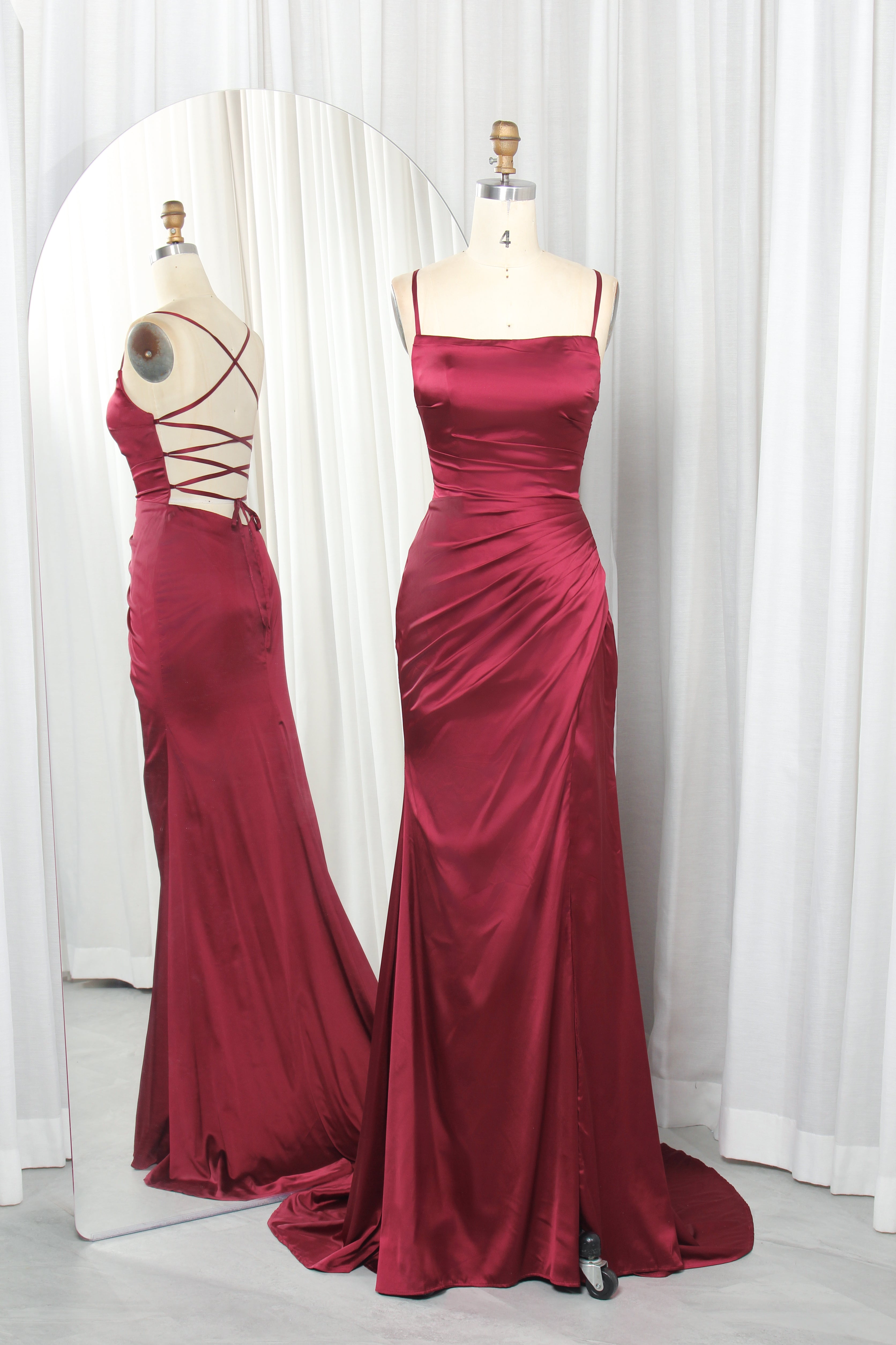 Spaghetti Strap Ruched Satin Prom Dress with Slit – TFB6003 Wine