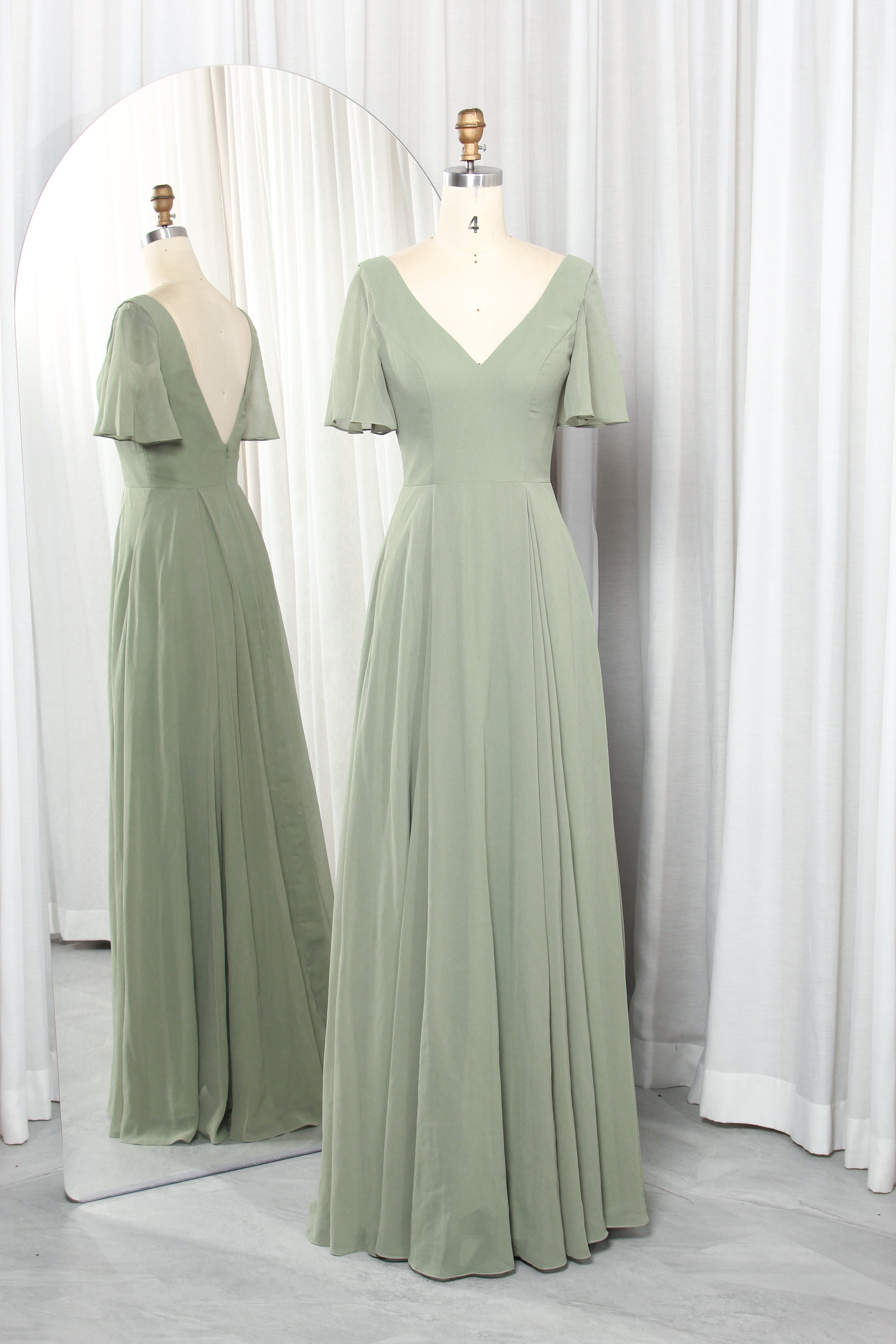 V-Neck Chiffon Prom Dress with Short Flutter Sleeves & A-Line Silhouette – TFB6014