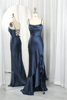Cowl Neck Satin Prom Dress with Spaghetti Straps & Ruffle Slit – TFB6009 Navy