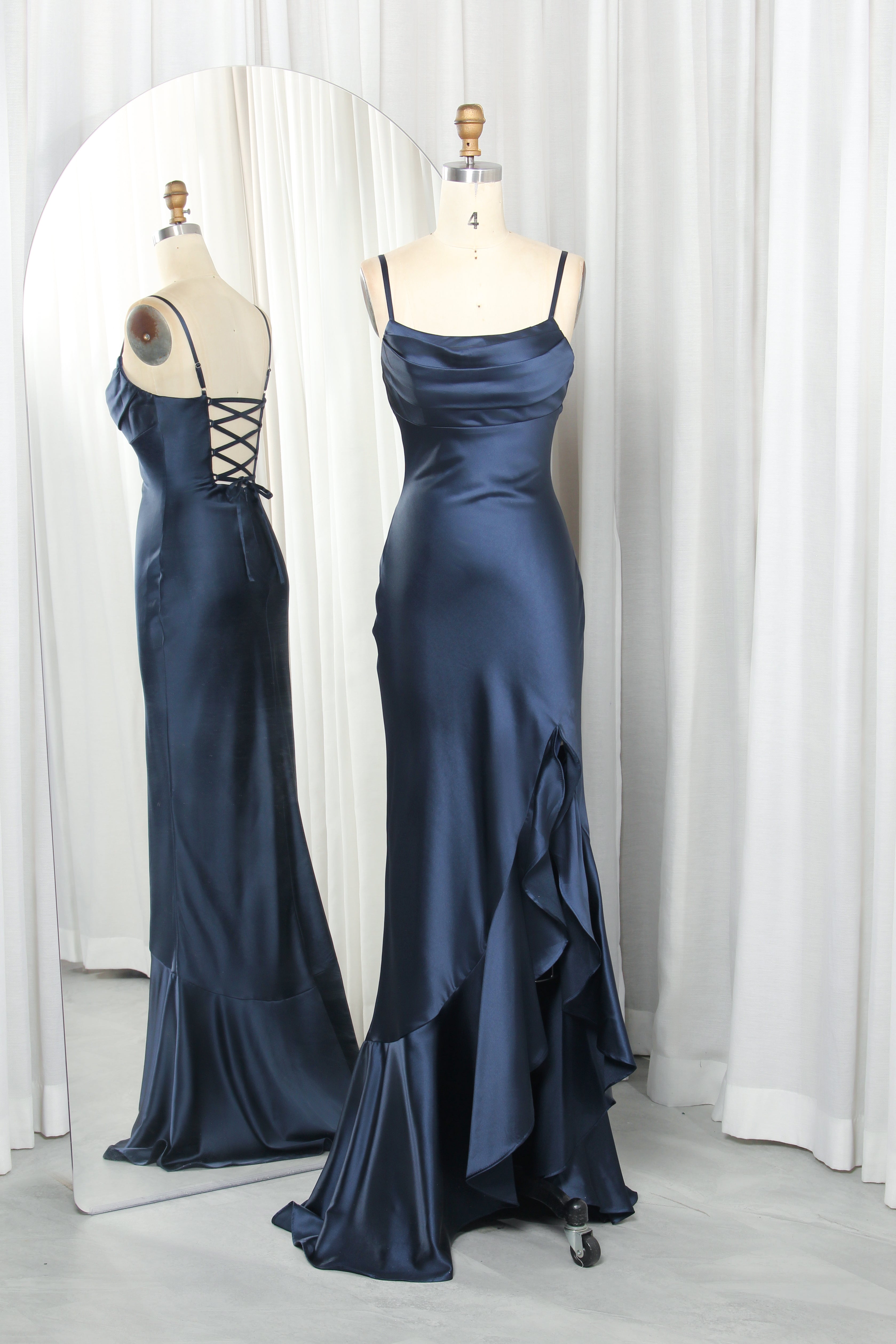 Cowl Neck Satin Prom Dress with Spaghetti Straps & Ruffle Slit – TFB6009 Navy