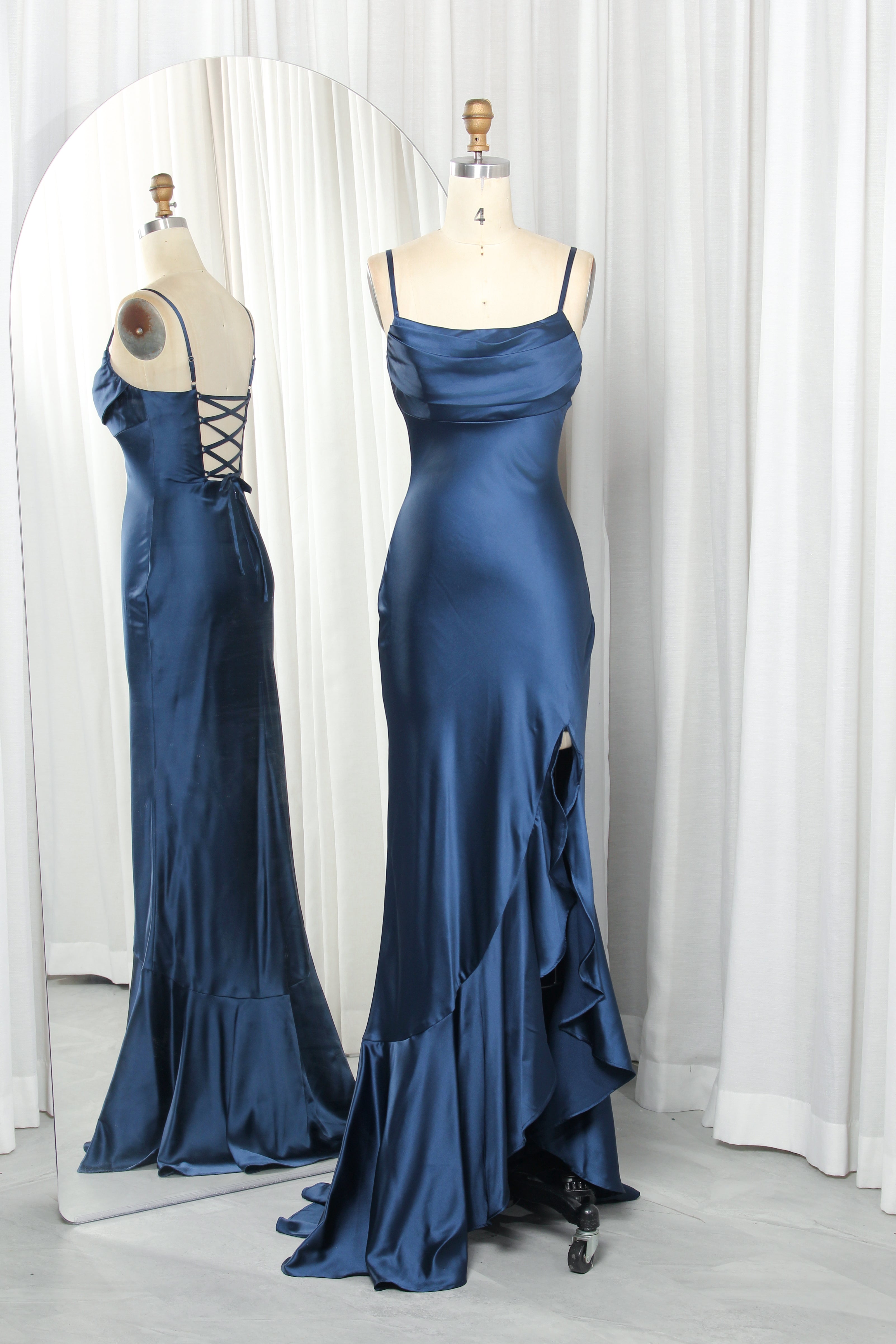 satin prom dress with spaghetti straps