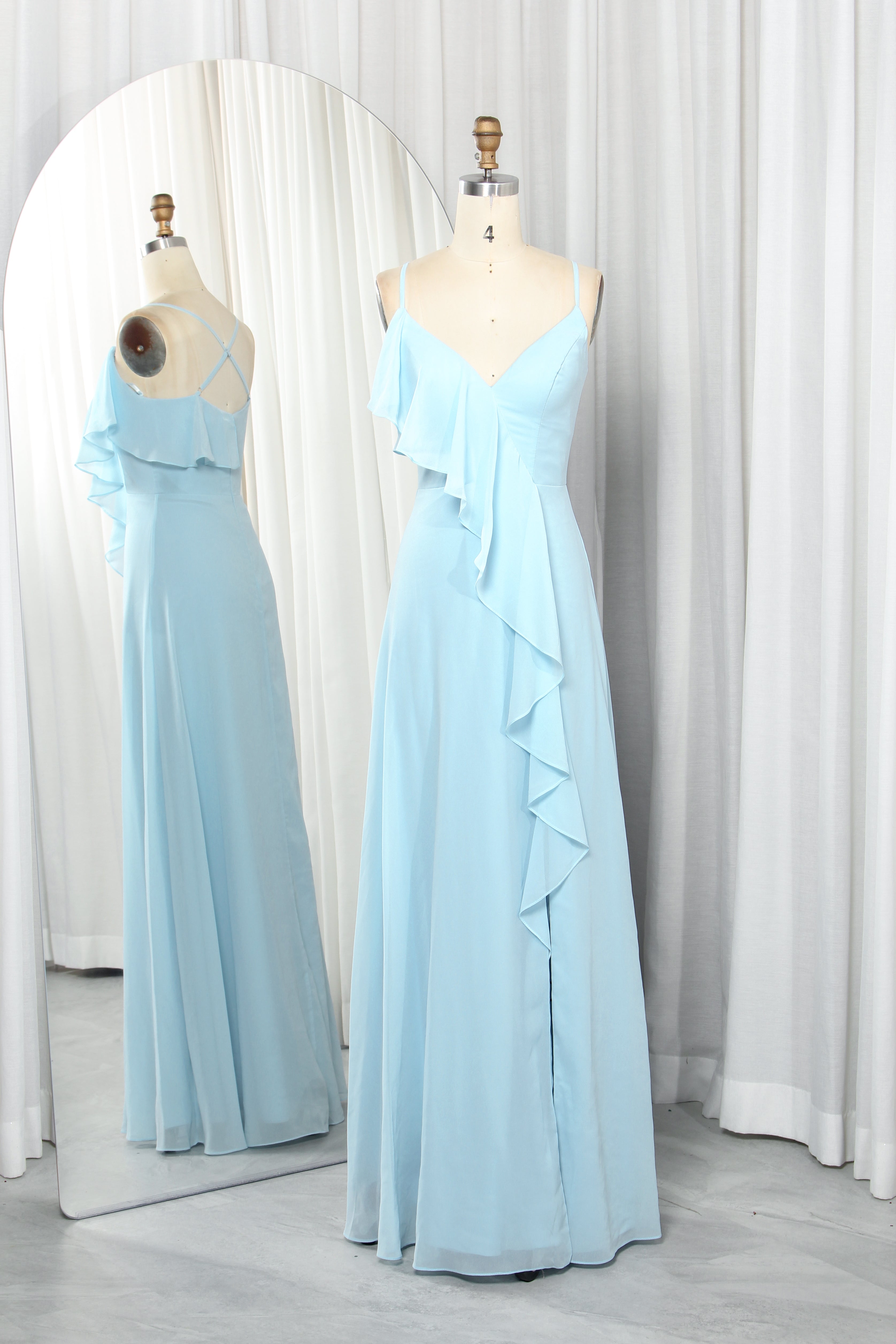 Ruffled Chiffon Prom Dress with Spaghetti Straps & Side Slit -TFB6023