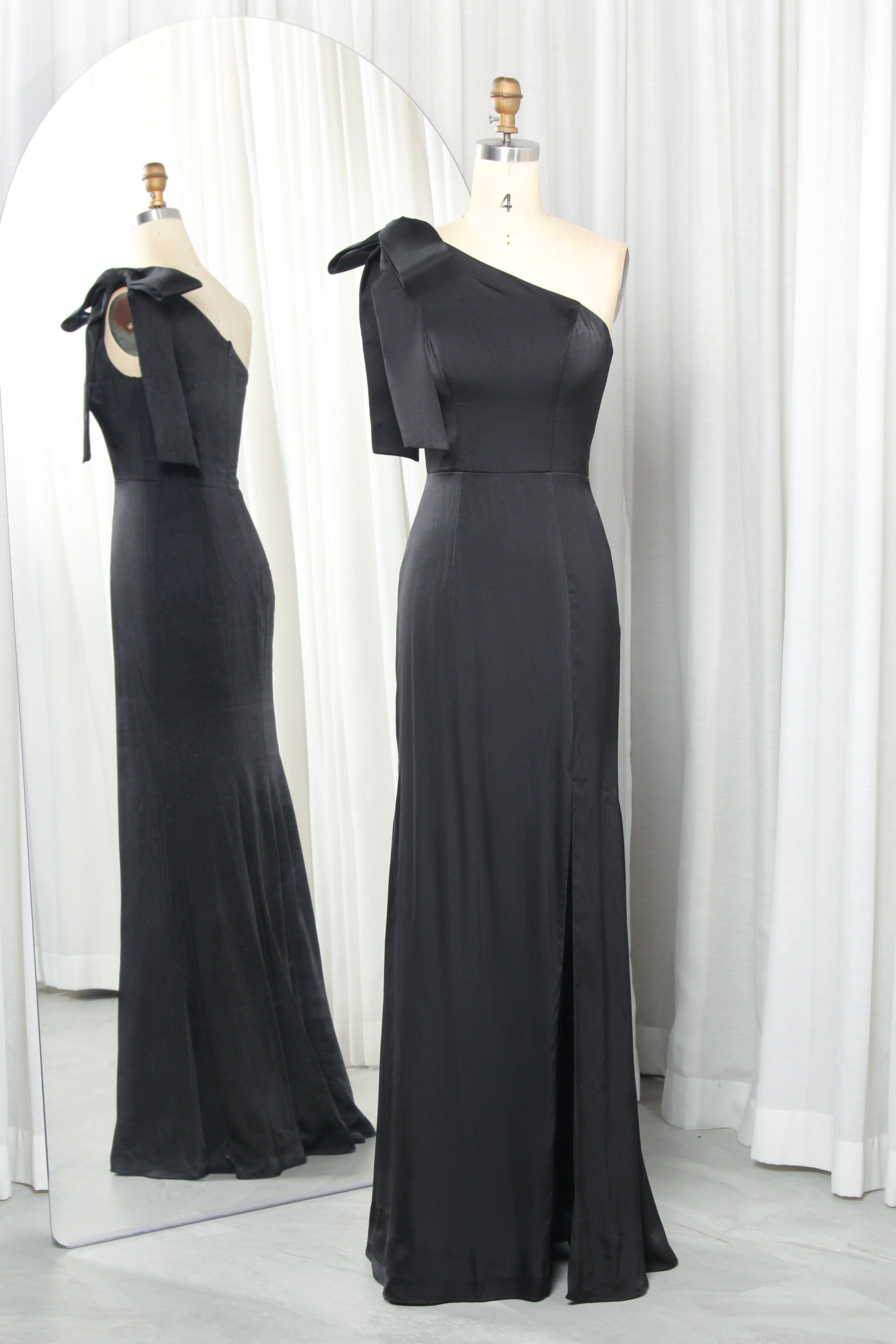 One-Shoulder Bow Satin Prom Gown with Slit – TFB6002 Black