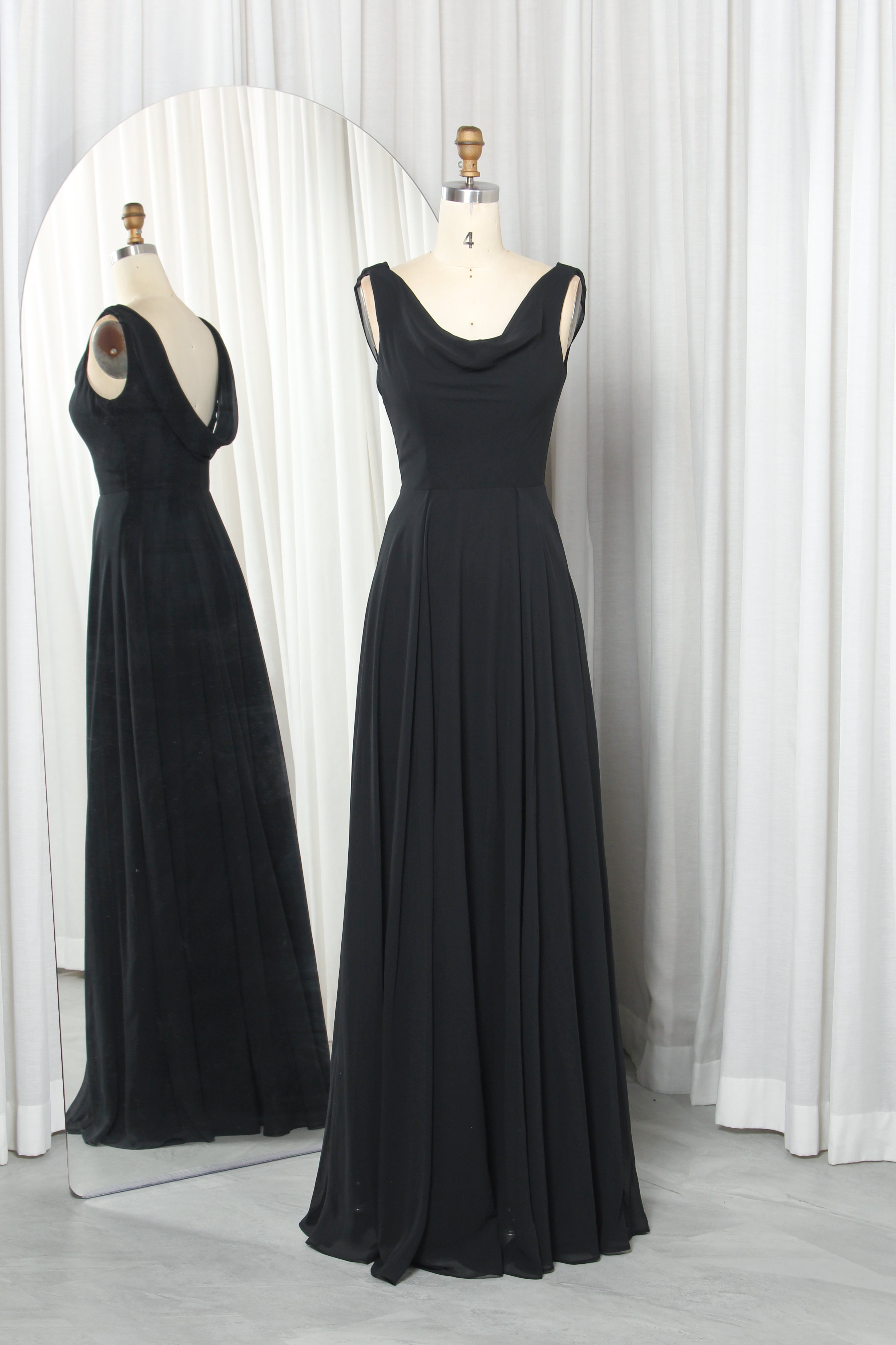 Sleeveless Chiffon Prom Dress with Draped Cowl Neck & A-Line Skirt – TFB6016 Black