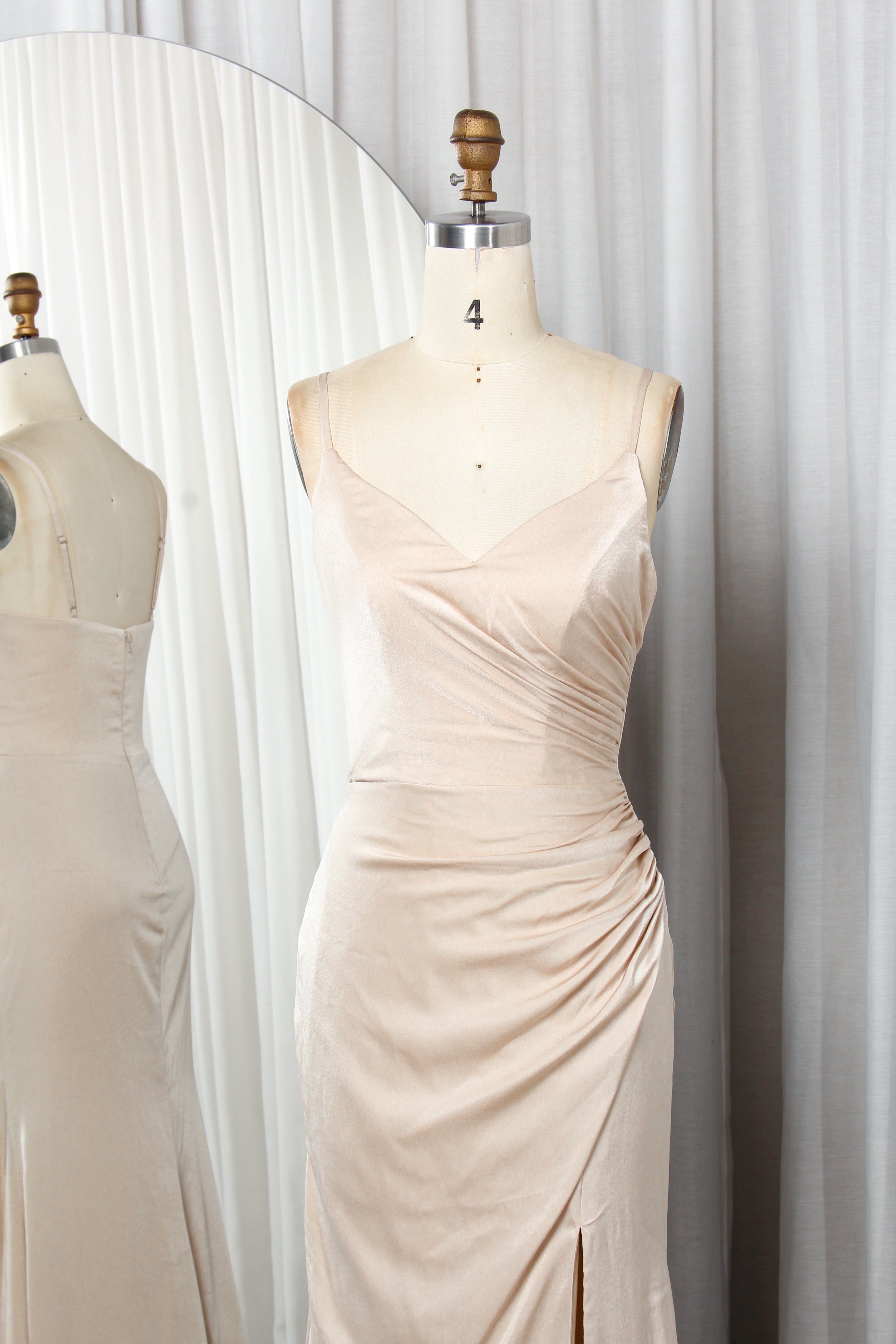 Ruched Satin Prom Gown with Spaghetti Straps & Side Slit – TFB6011