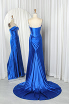 Royal blue satin strapless corset mermaid gown on mannequin with keyhole bodice