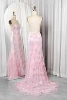 Light pink lace applique mermaid prom gown with V-neck and adjustable tie-back spaghetti straps