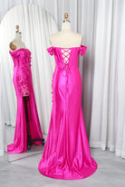 Hot pink satin prom dress, off-shoulder with lace back detail and corset lacing