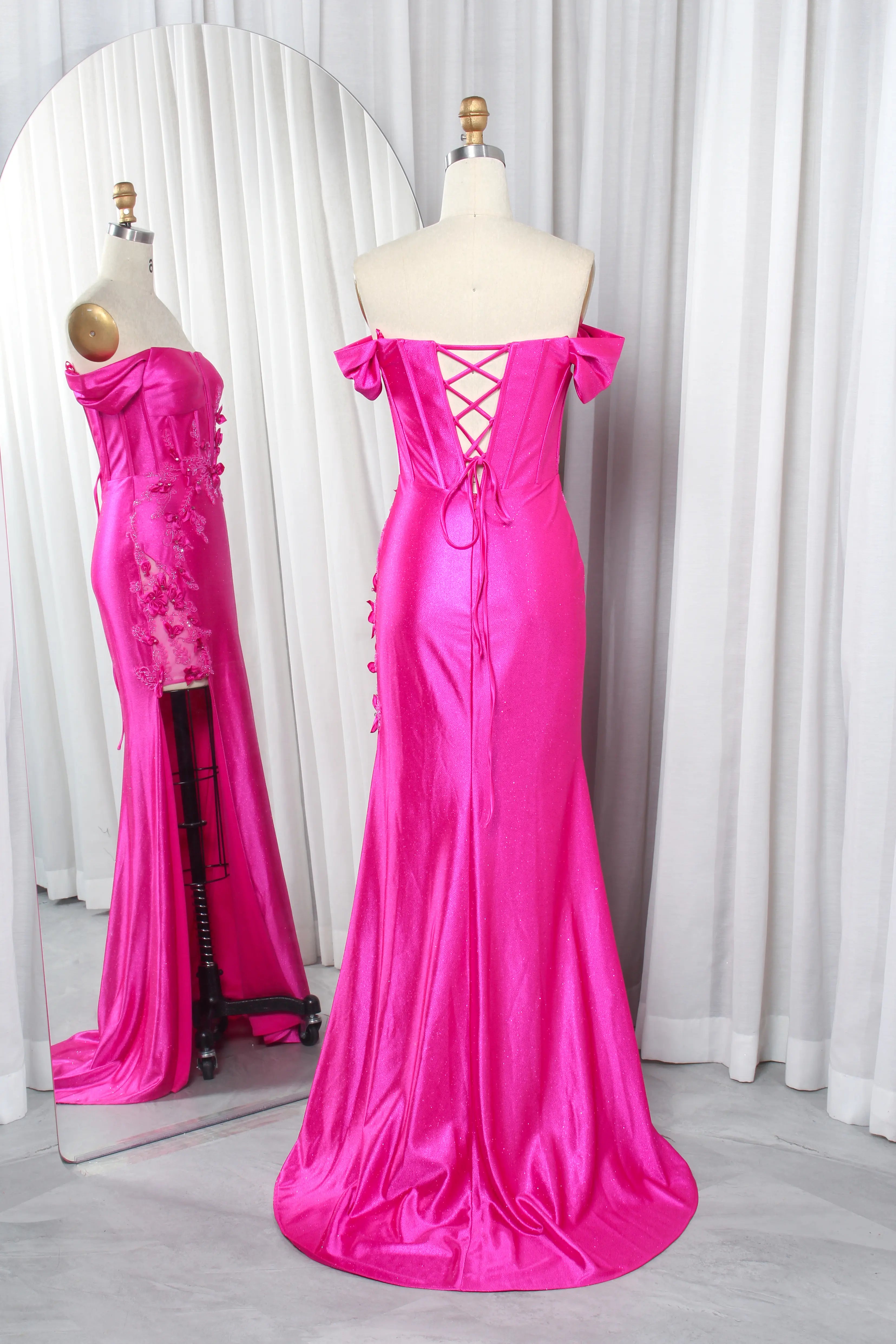 Hot pink satin prom dress, off-shoulder with lace back detail and corset lacing