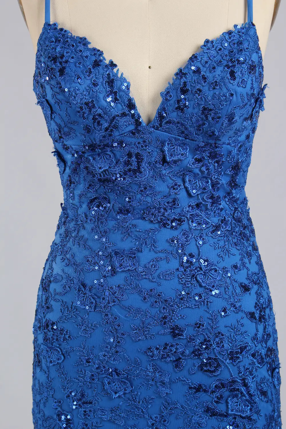 Plus size royal blue sequin evening dress with V-neck and tiered ruffle skirt