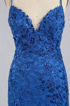 Plus size royal blue sequin evening dress with V-neck and tiered ruffle skirt
