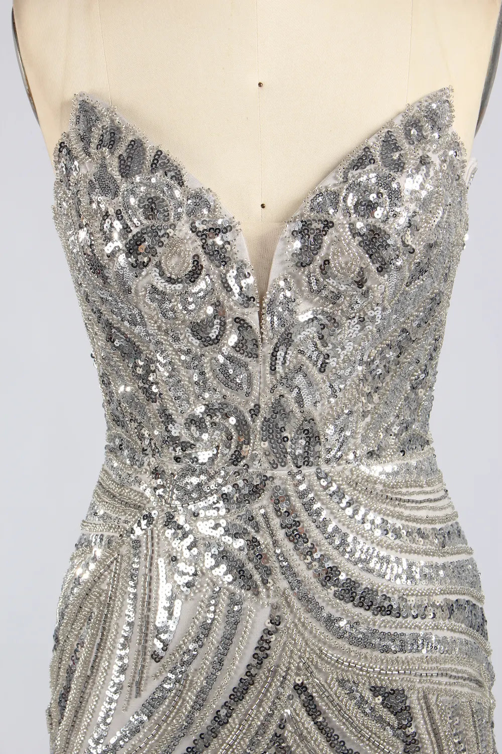 Silver sequin V-neck corset bodice with ruched swirl beadwork