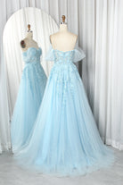 Light blue off-the-shoulder A-line prom dress on mannequins, lace bodice and tulle skirt