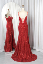 Red sequin mermaid prom dress with crisscross lace-up back and side slit
