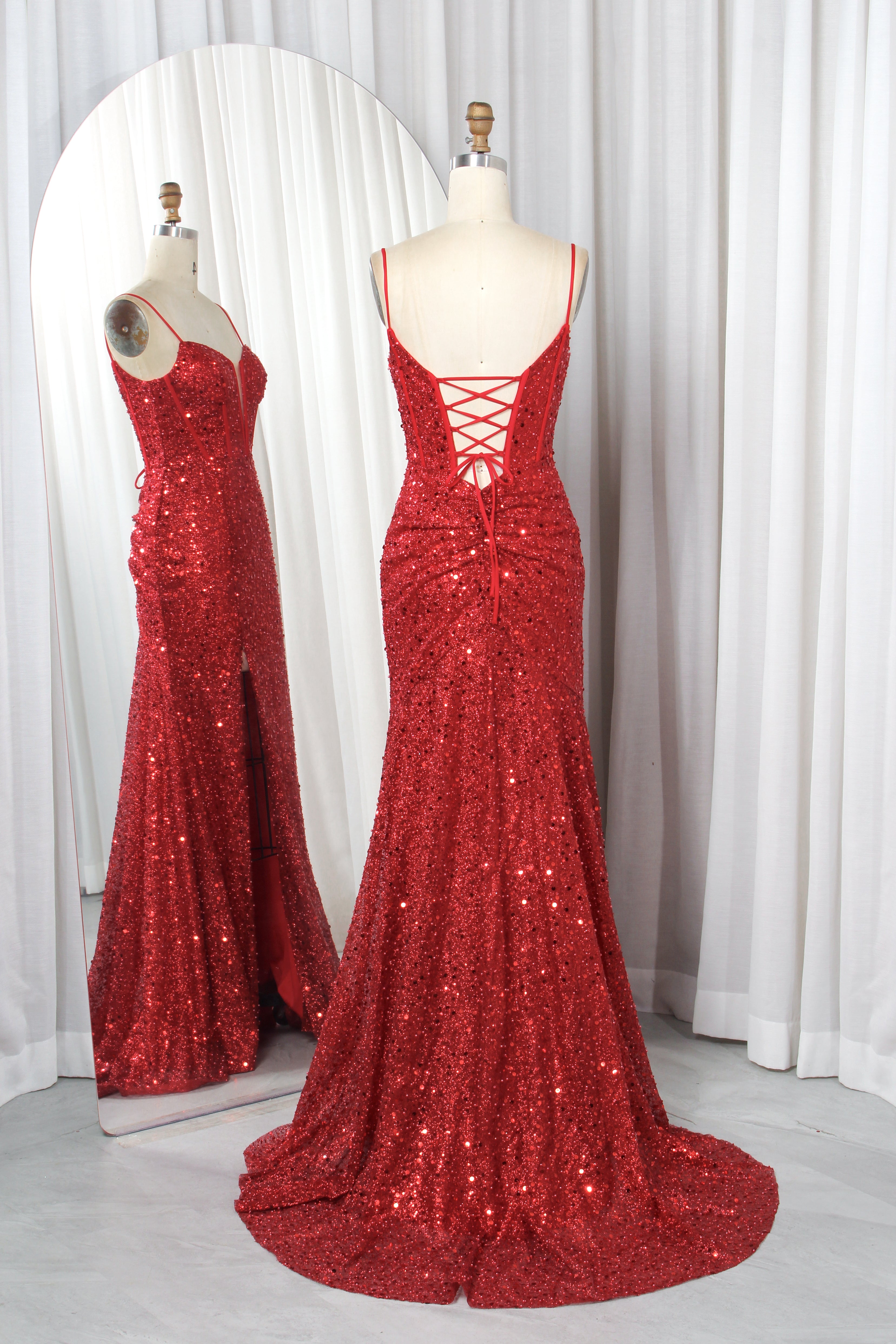 Red sequin mermaid prom dress with crisscross lace-up back and side slit