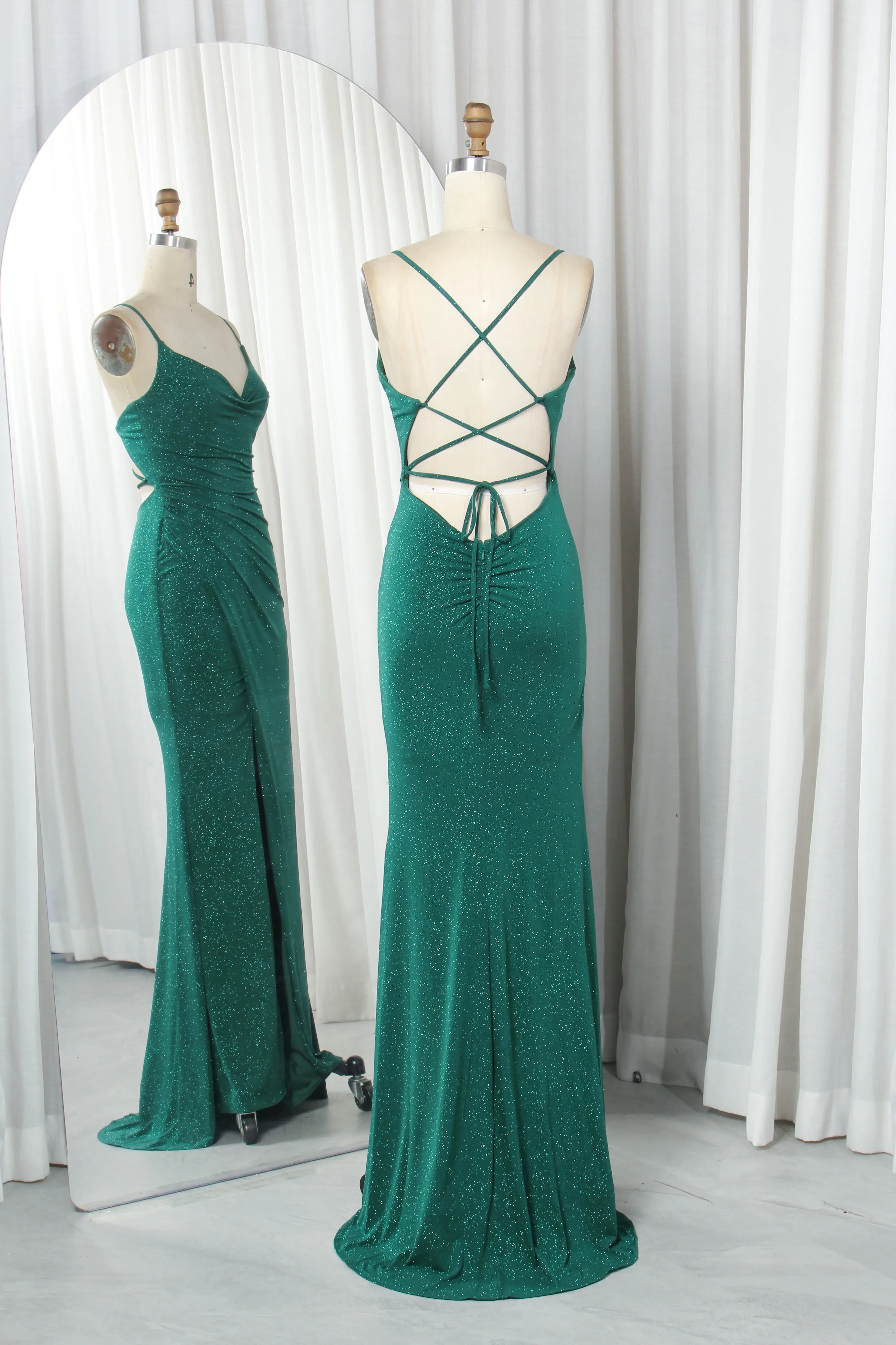 Shimmering glitter knit mermaid prom dress, crisscross lace-up back, side slit, thin straps.