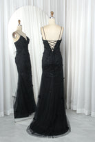 Black lace applique tulle mermaid prom dress, open lace-up back and spaghetti straps
