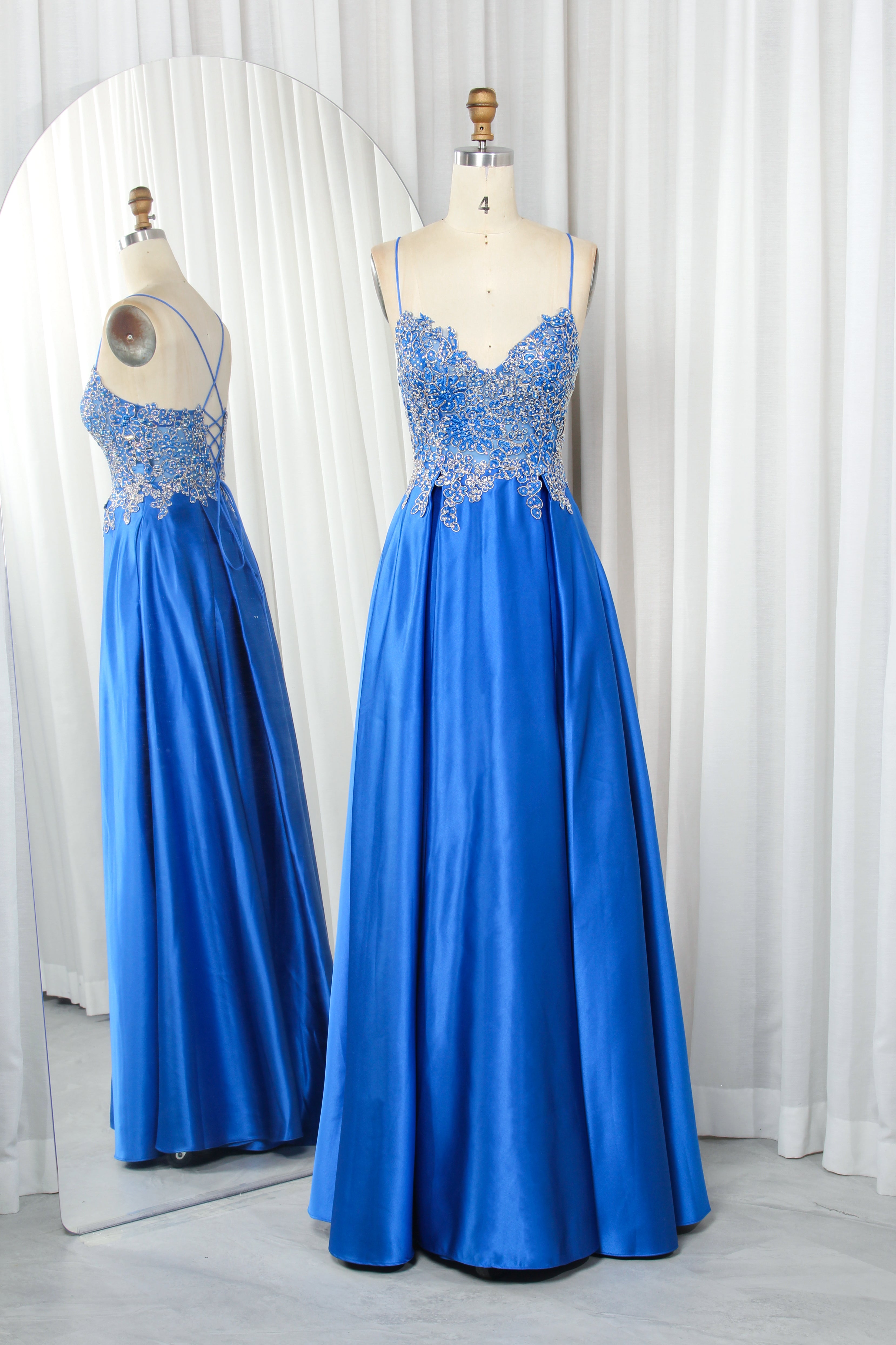 Satin Prom Dress with Spaghetti Straps, Embellished Bodice & Crisscross Back-TFB8007 Royal Blue
