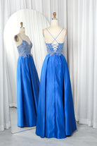Blue satin prom dress, beaded straps and crisscross laced back, A-line skirt