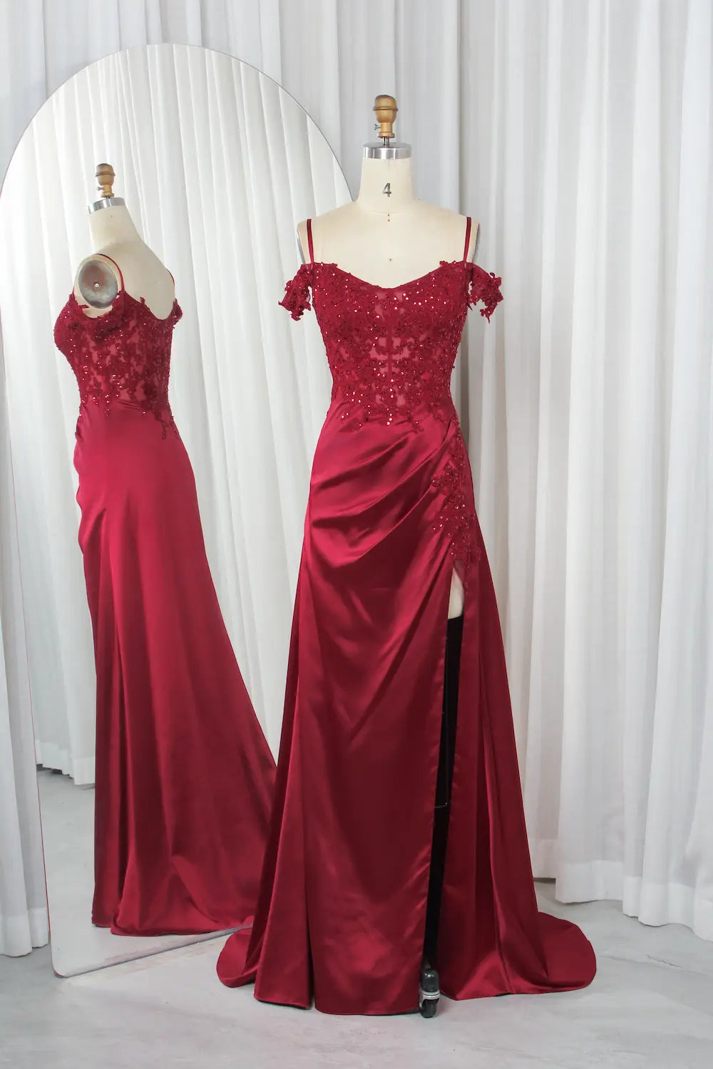 Wine satin prom dress with beaded lace appliques, off-shoulder straps, high slit