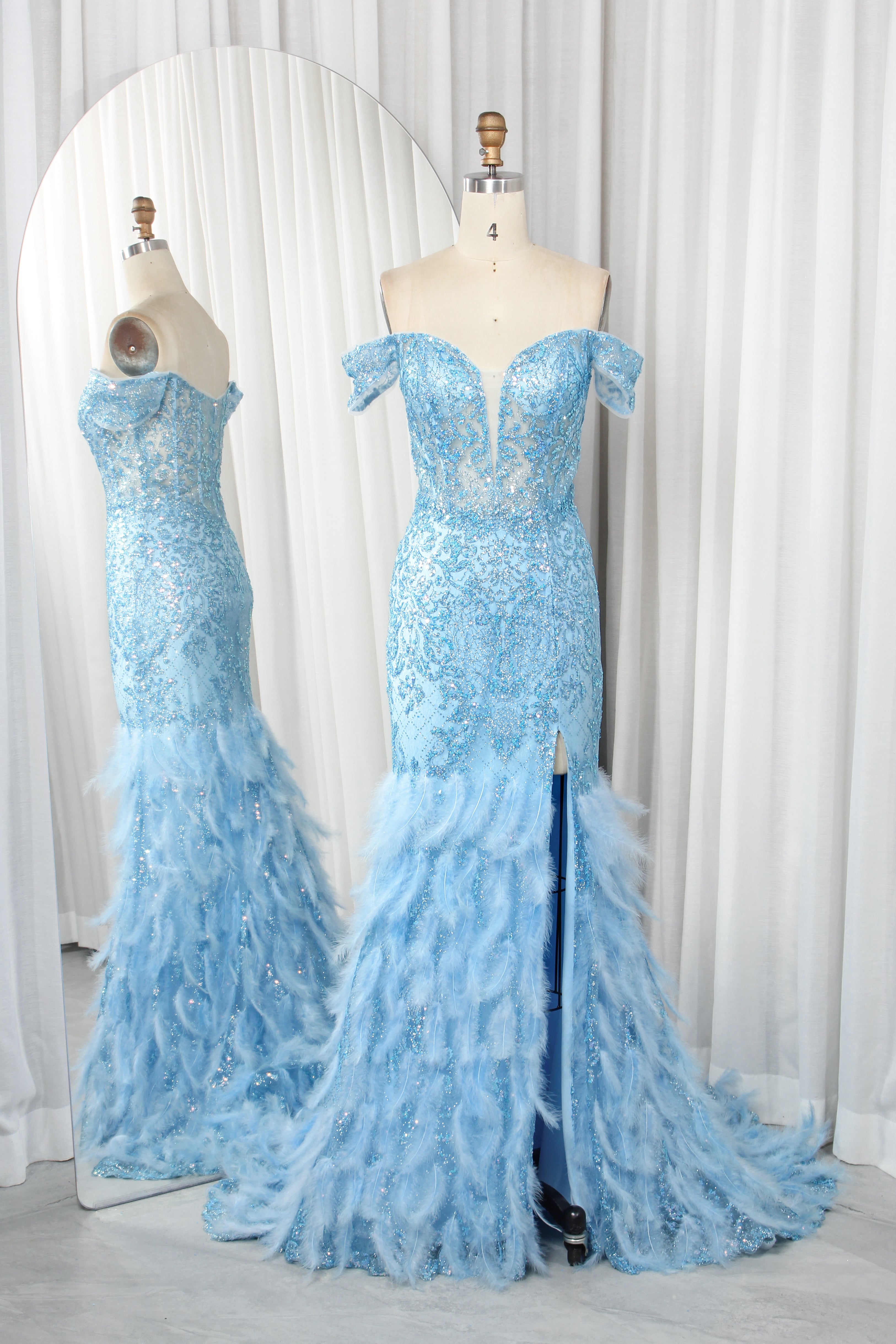 Off-Shoulder Sequin and Feather Mermaid Prom Dress with Side Slit-TFB8021 Sky Blue