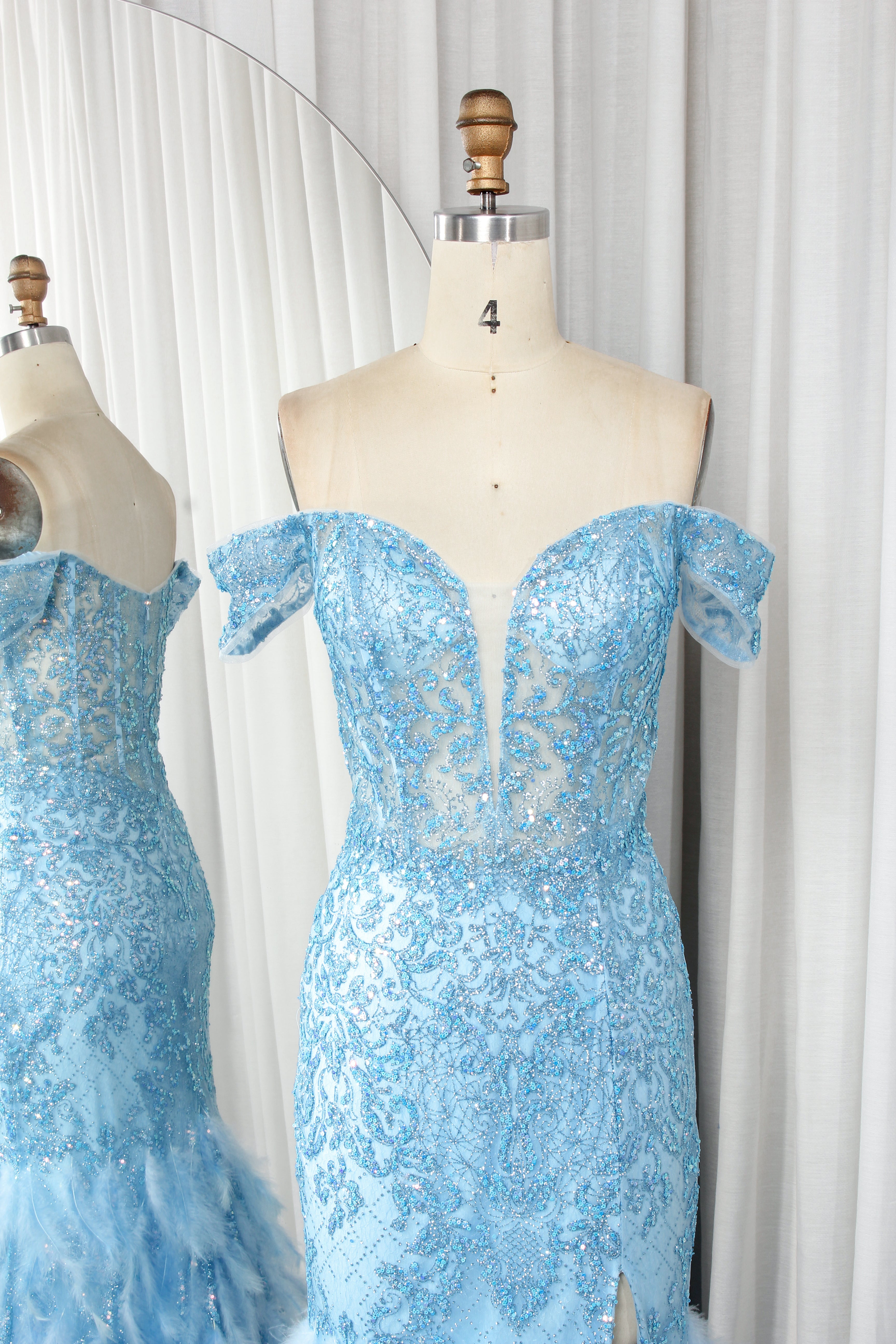 Off-Shoulder Sequin and Feather Mermaid Prom Dress with Side Slit-TFB8021