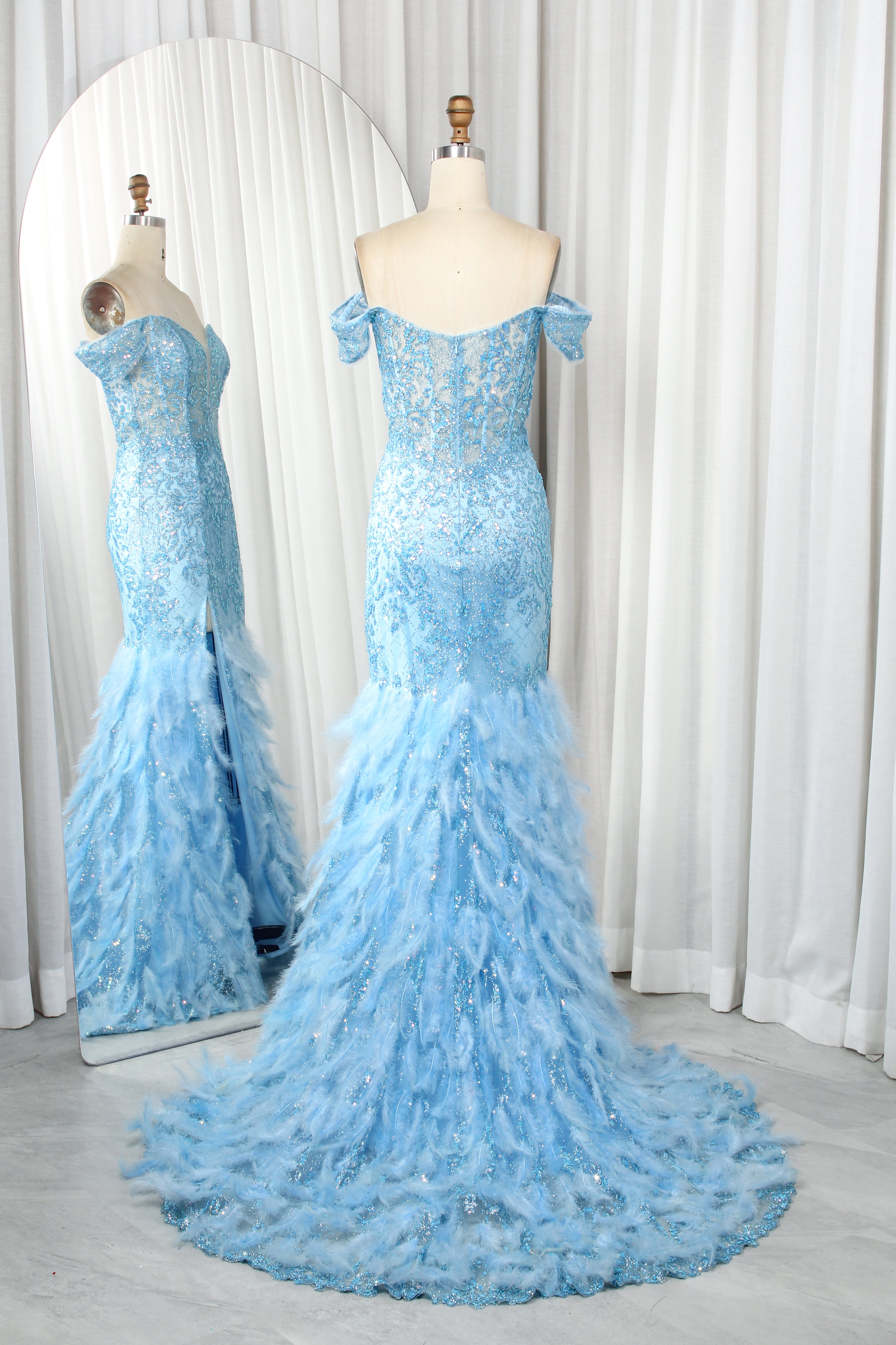 Off-Shoulder Sequin and Feather Mermaid Prom Dress with Side Slit-TFB8021