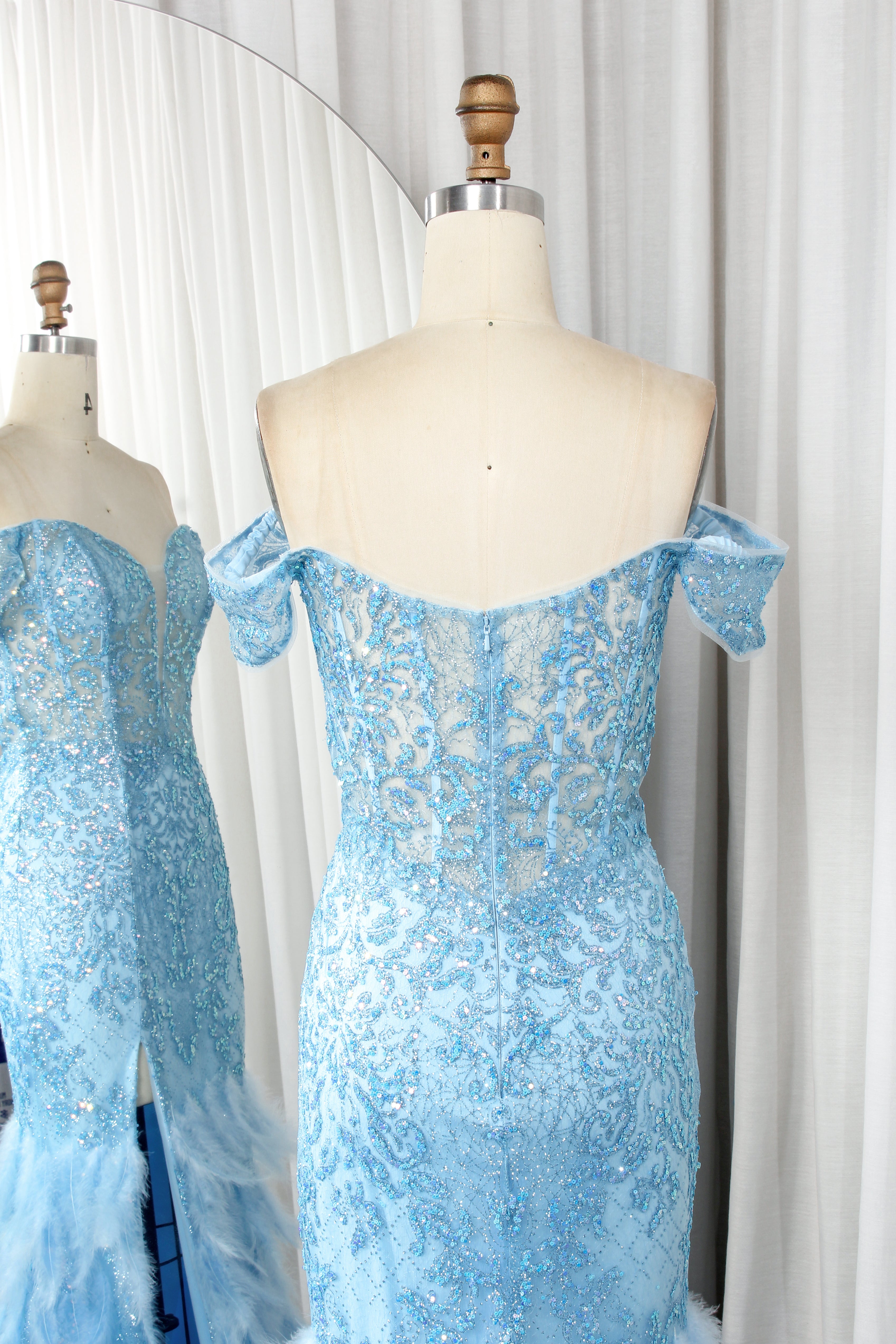 Off-Shoulder Sequin and Feather Mermaid Prom Dress with Side Slit-TFB8021