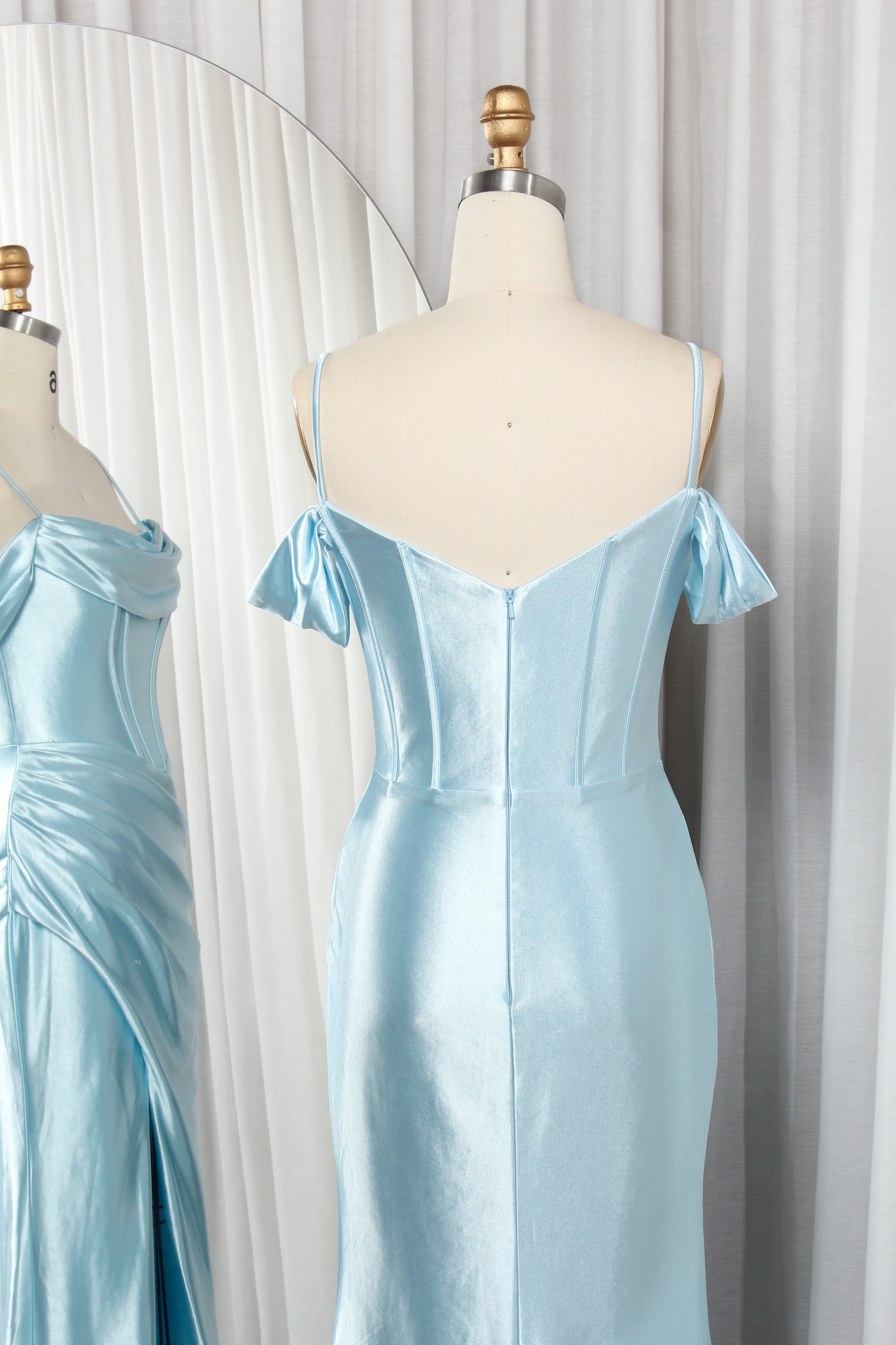 Off-Shoulder Satin Mermaid Dress with Cowl Neck and Dramatic Side Slit-TFB8027