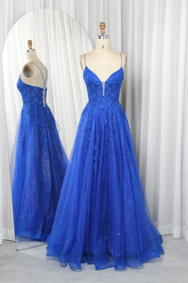 Glitter Tulle & Lace Bodice A-Line Prom Dress with Spaghetti Straps and Crisscross Back - TFB 8023 | blissfulprom