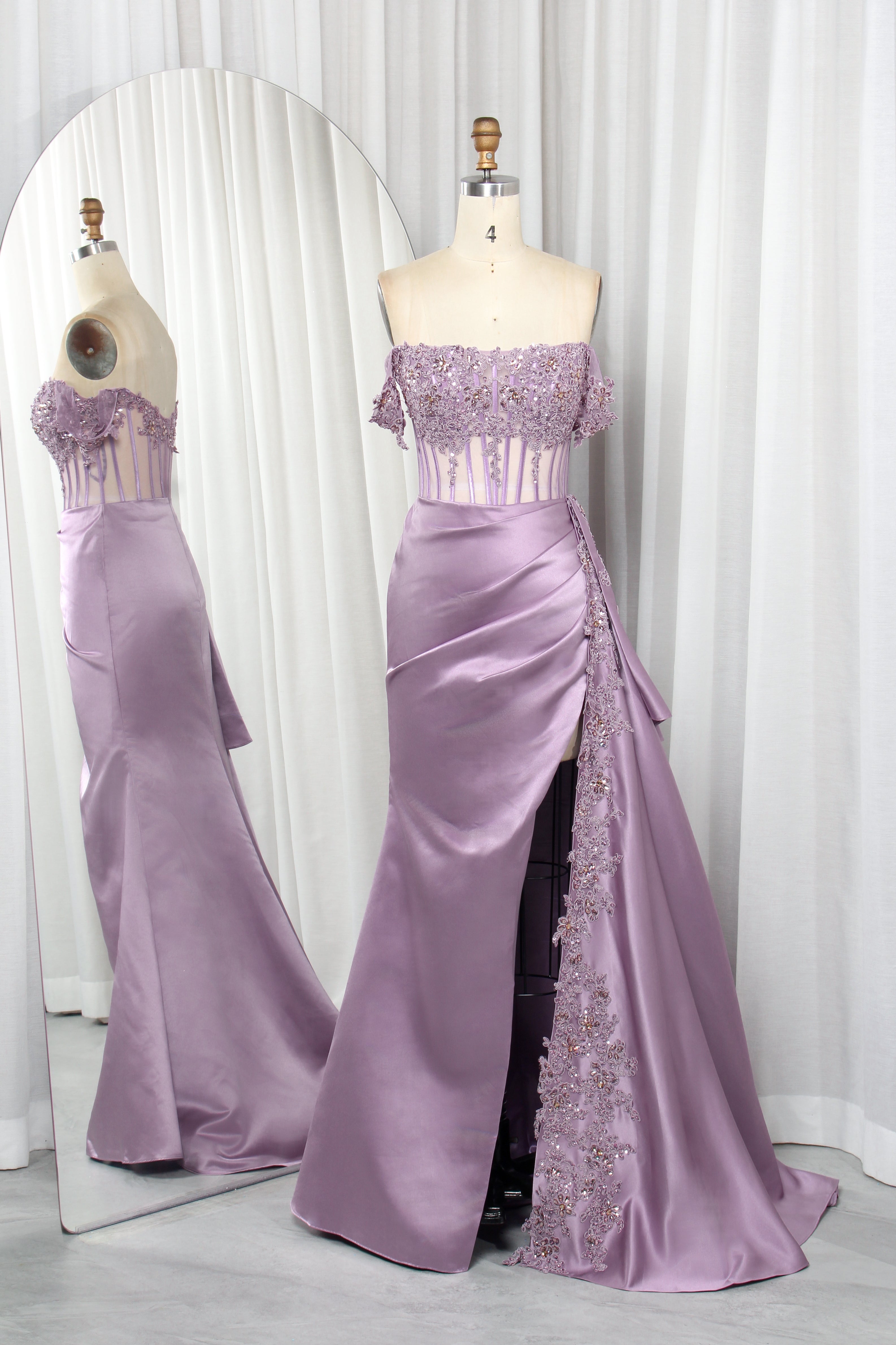 Off Shoulder Satin Mermaid Prom Dress with Lace Bodice High Slit