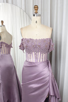 Off Shoulder Satin Mermaid Prom Dress with Lace Bodice High Slit