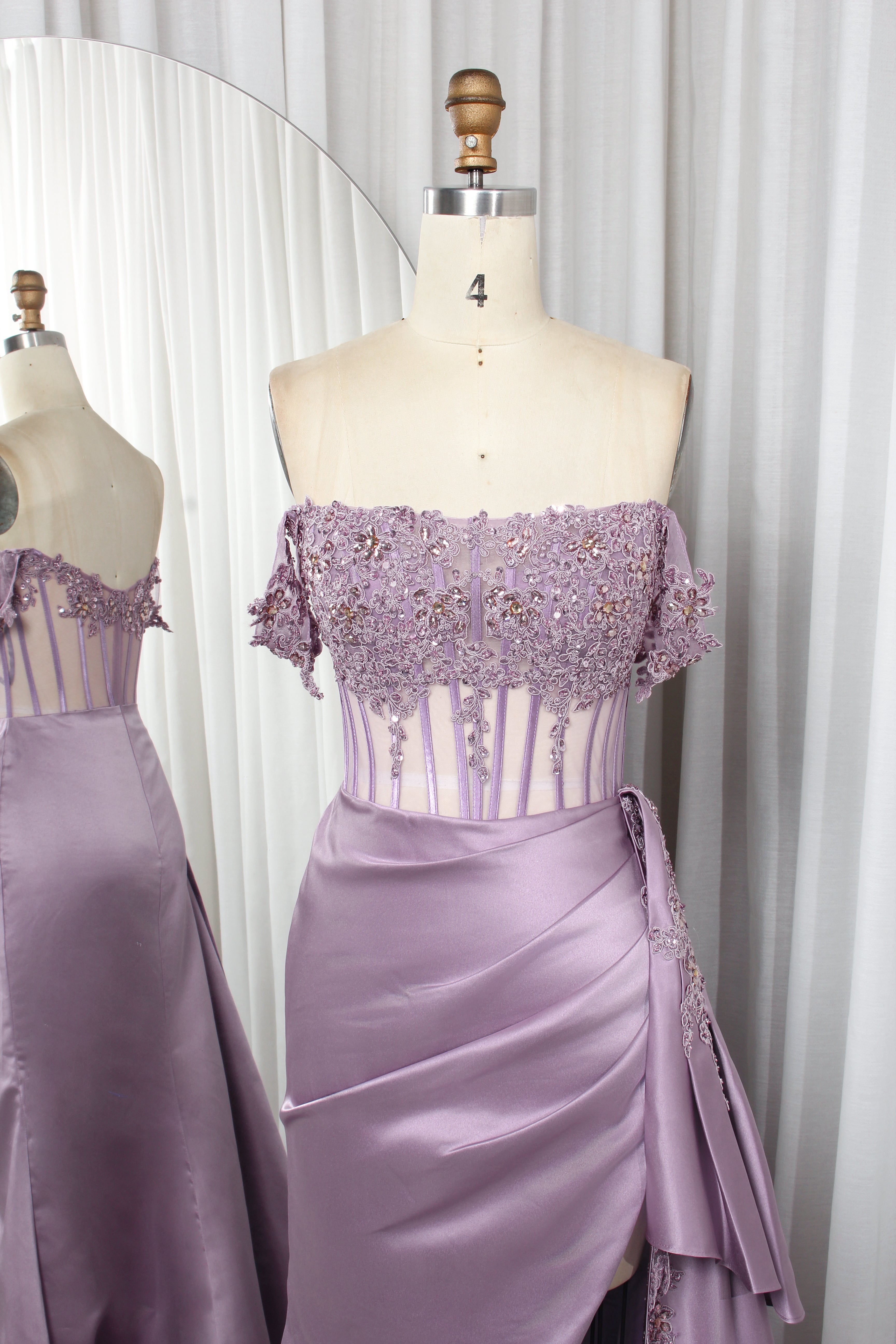 Off Shoulder Satin Mermaid Prom Dress with Lace Bodice High Slit