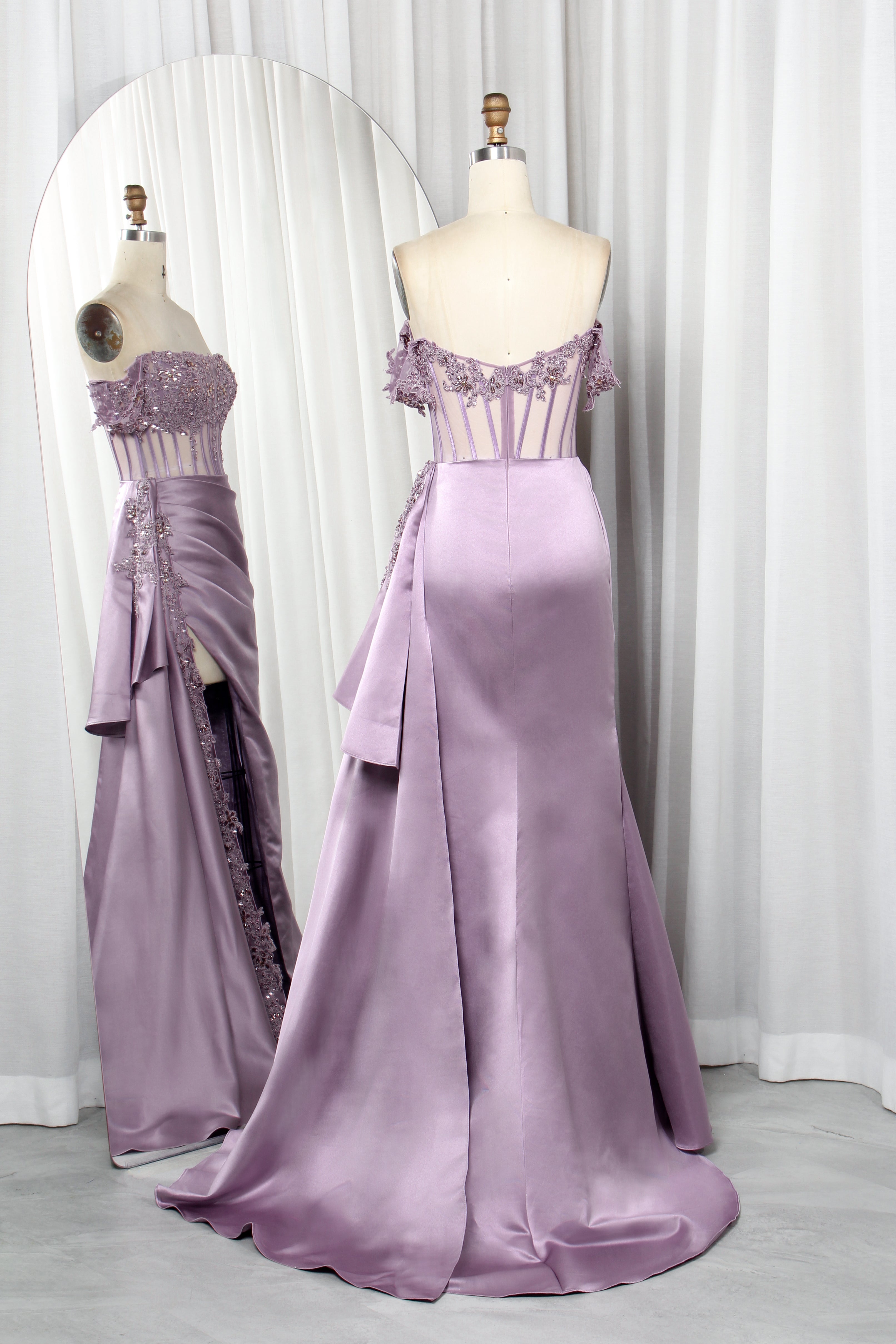 Off Shoulder Satin Mermaid Prom Dress with Lace Bodice High Slit