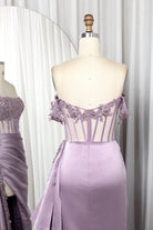 Off Shoulder Satin Mermaid Prom Dress with Lace Bodice High Slit