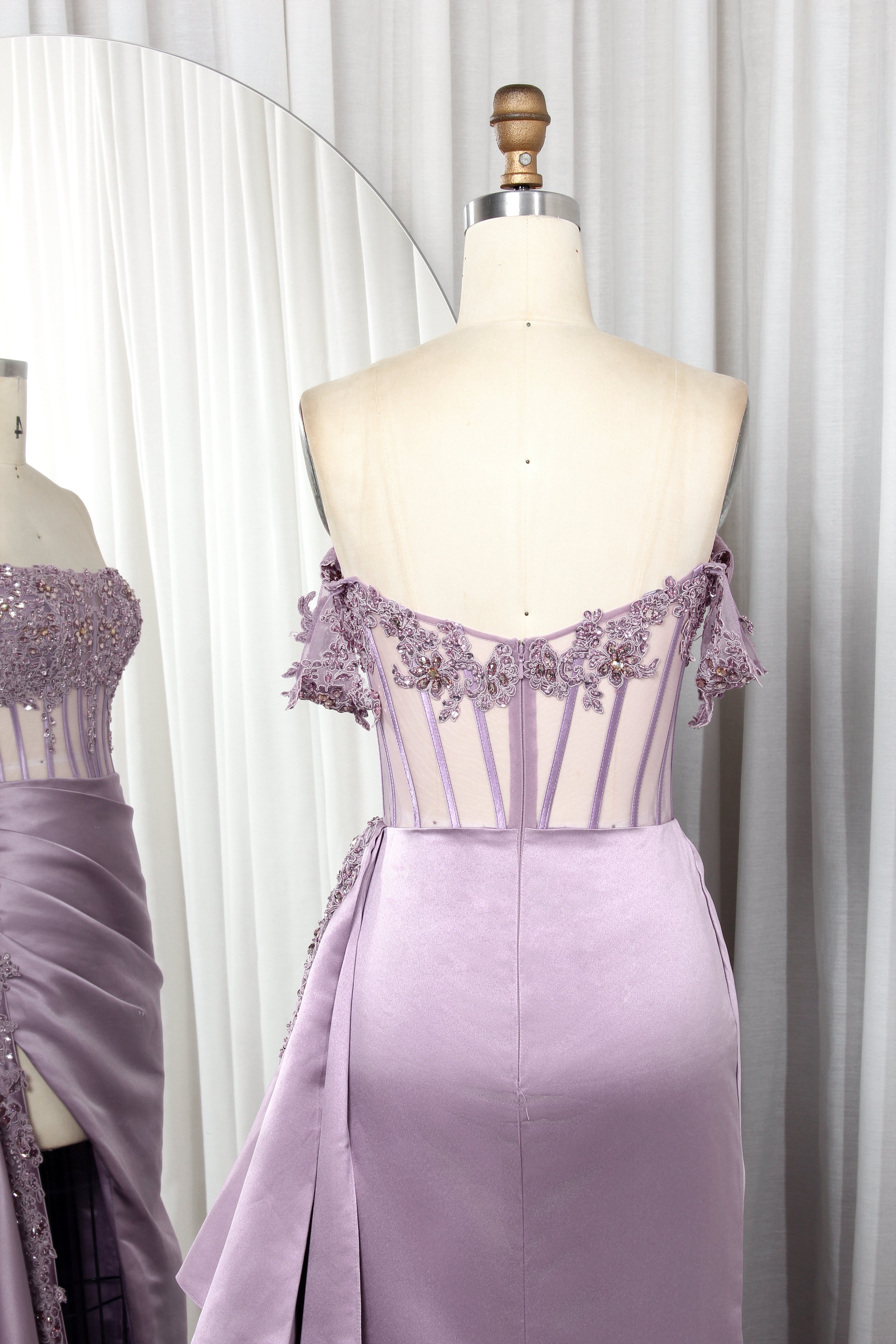 Off Shoulder Satin Mermaid Prom Dress with Lace Bodice High Slit