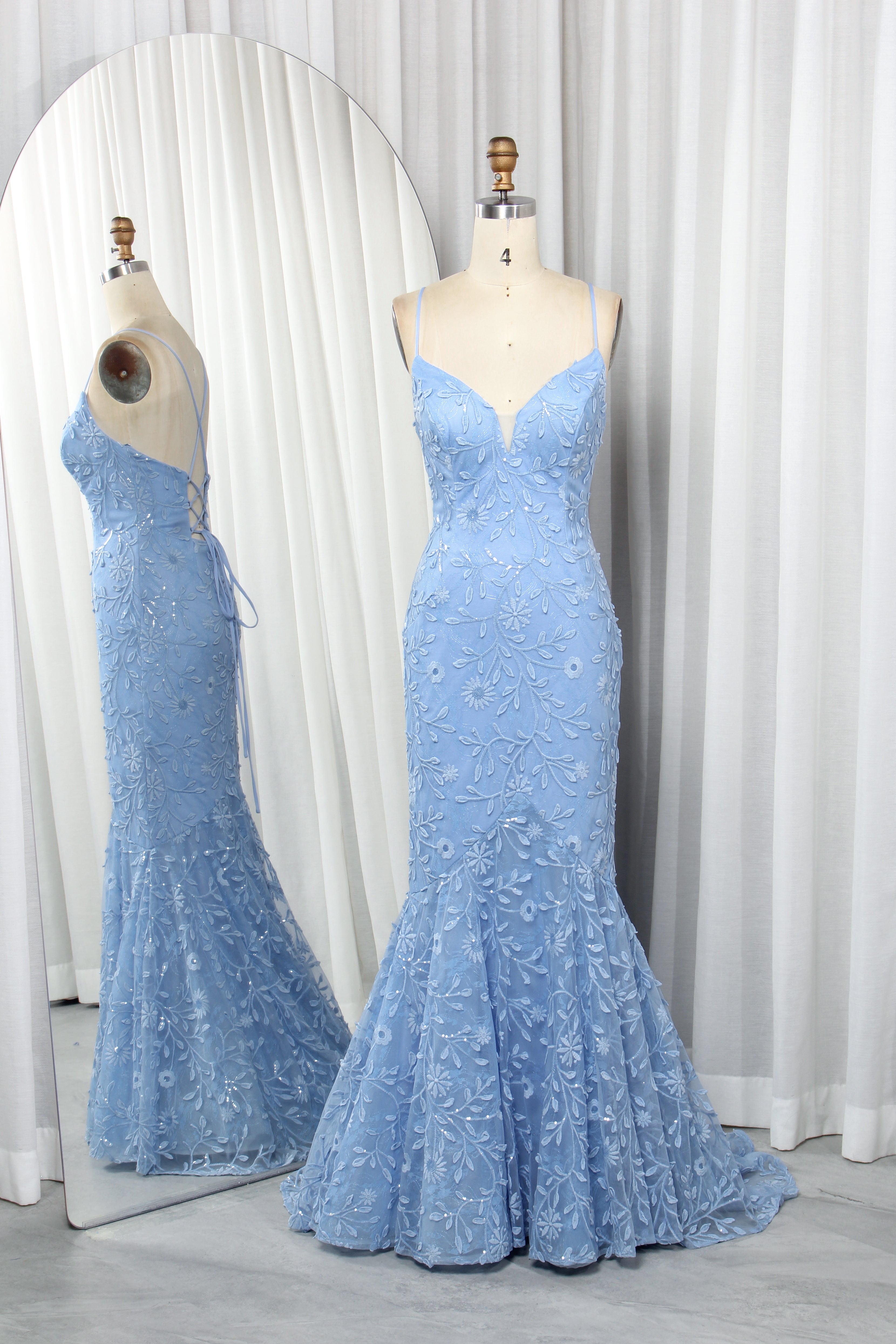 Elegant Spaghetti Strap Floral Lace Mermaid Prom Dress with Lace-Up Back-TFB8003 Dusty Blue