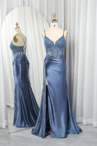Spaghetti Strap Lace Bodice Satin Mermaid Prom Dress with Crisscross Back and Side Slit-TFB8020