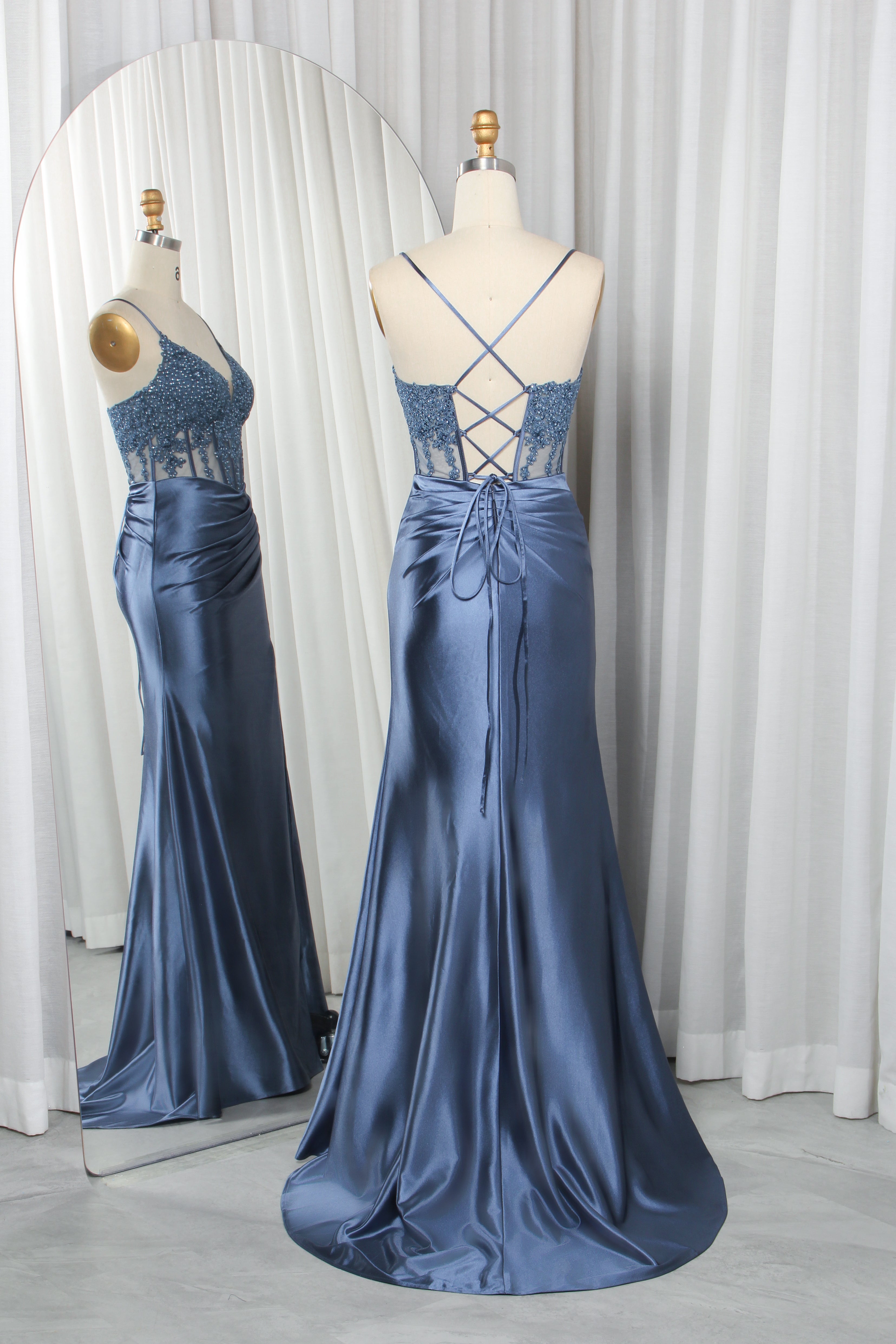 Spaghetti Strap Lace Bodice Satin Mermaid Prom Dress with Crisscross Back and Side Slit-TFB8020