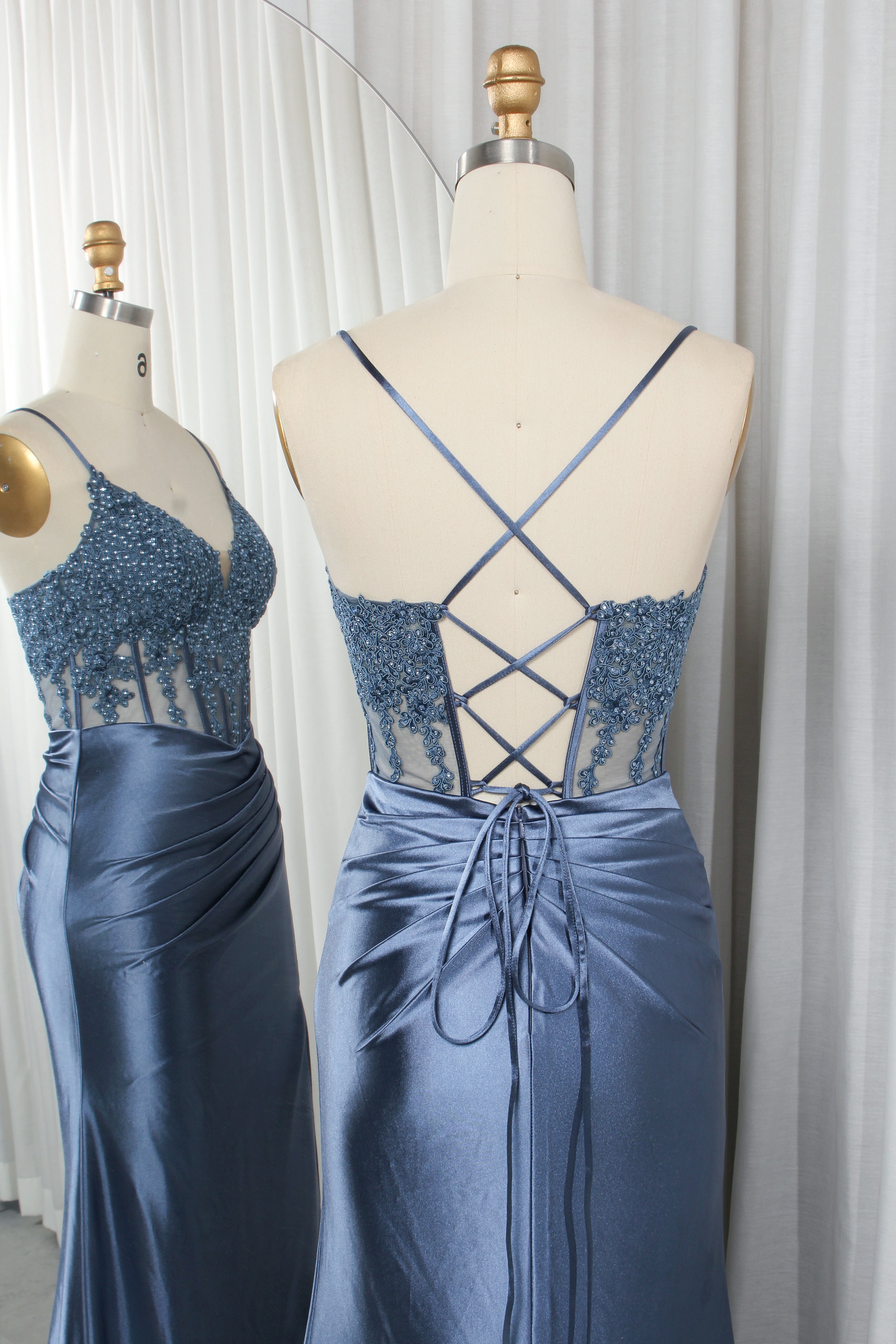 Spaghetti Strap Lace Bodice Satin Mermaid Prom Dress with Crisscross Back and Side Slit-TFB8020