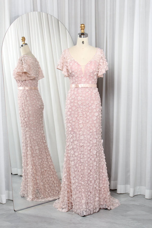 Pink V-neck mermaid formal dress with 3D floral appliques and short ruffled sleeves