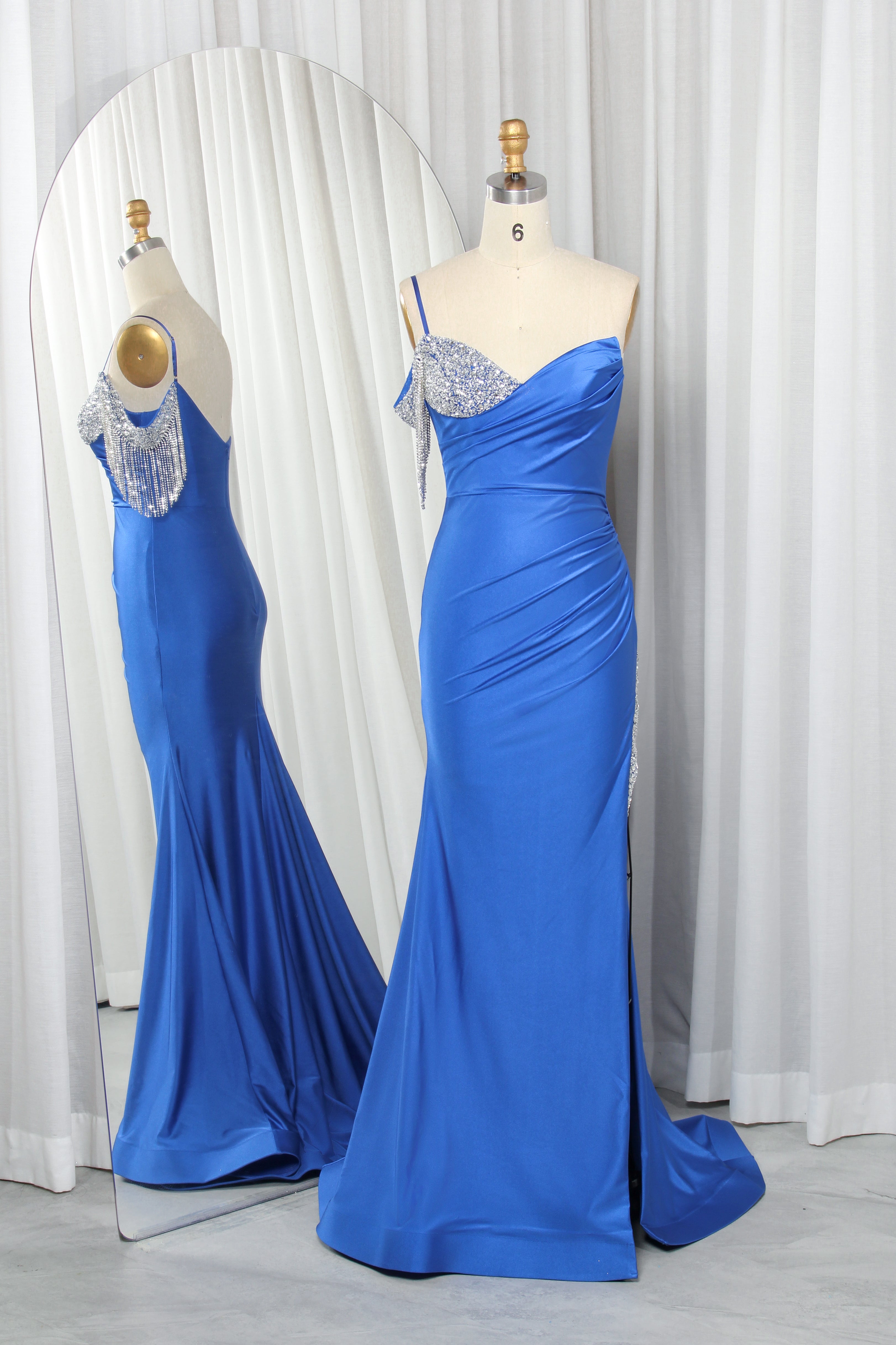 Asymmetric One-Shoulder Satin Mermaid Prom Dress with Rhinestone Fringe TFB 8018 | blissfulprom