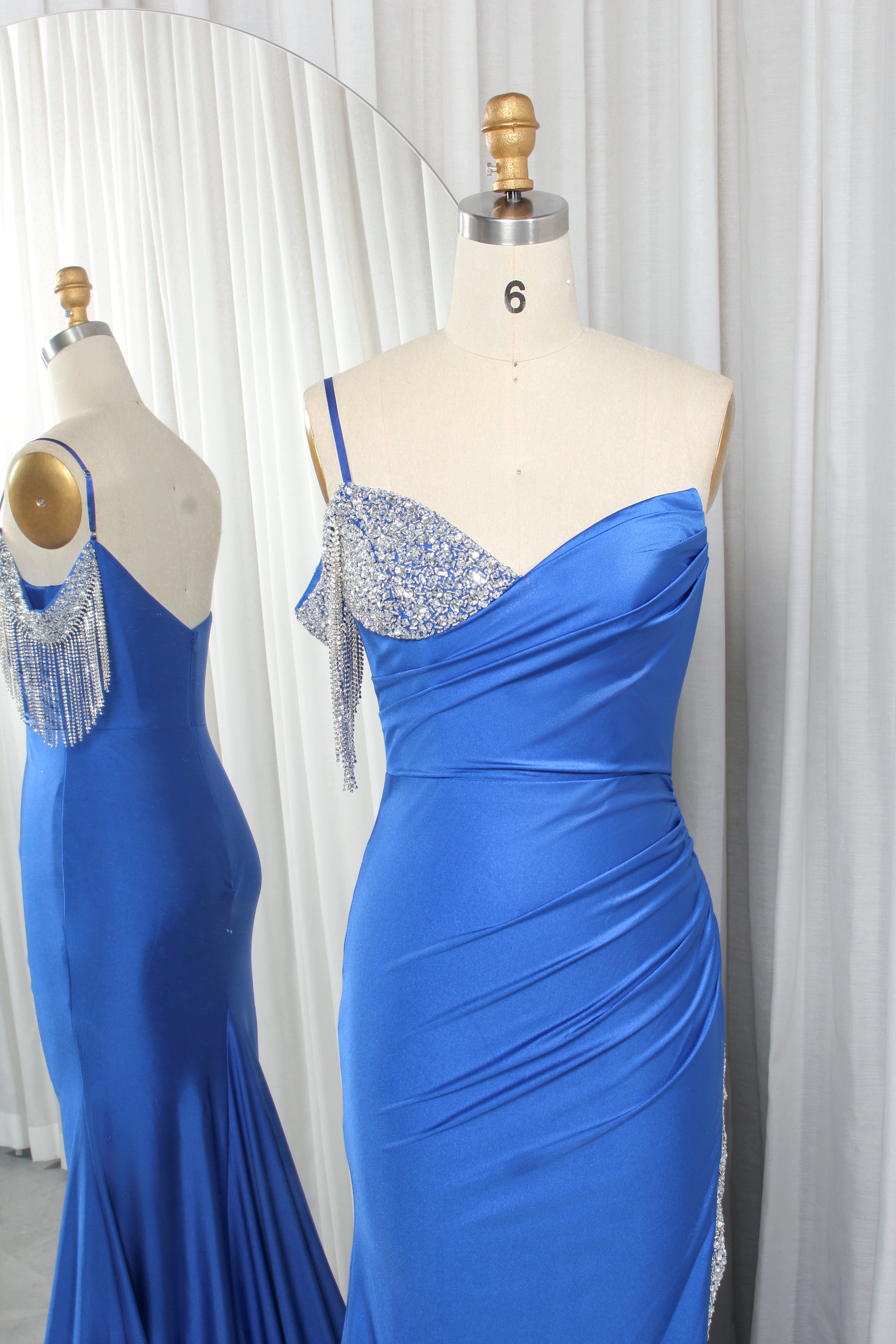 Asymmetric One-Shoulder Satin Mermaid Prom Dress with Rhinestone Fringe TFB 8018 | blissfulprom