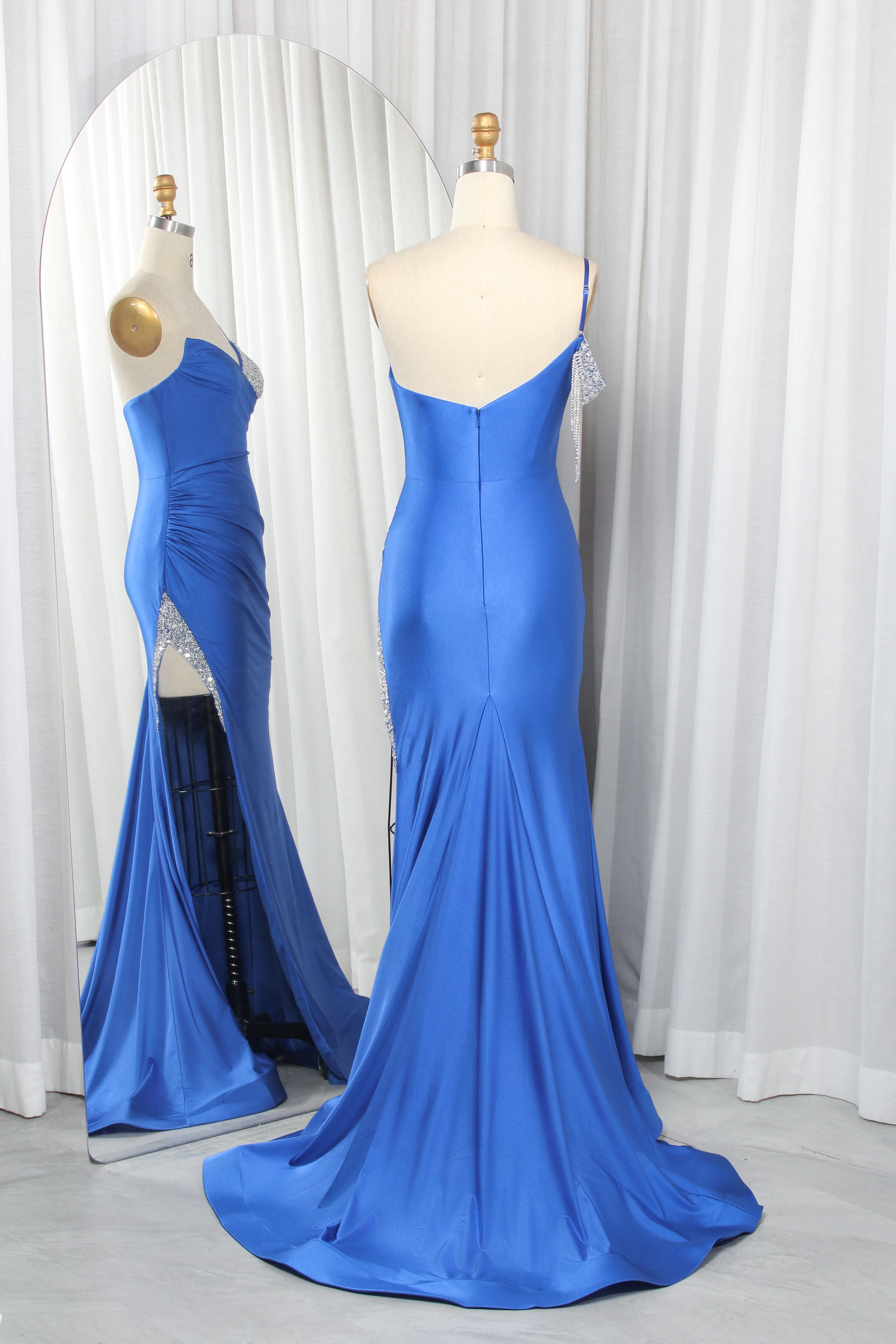 Asymmetric One-Shoulder Satin Mermaid Prom Dress with Rhinestone Fringe TFB 8018 | blissfulprom
